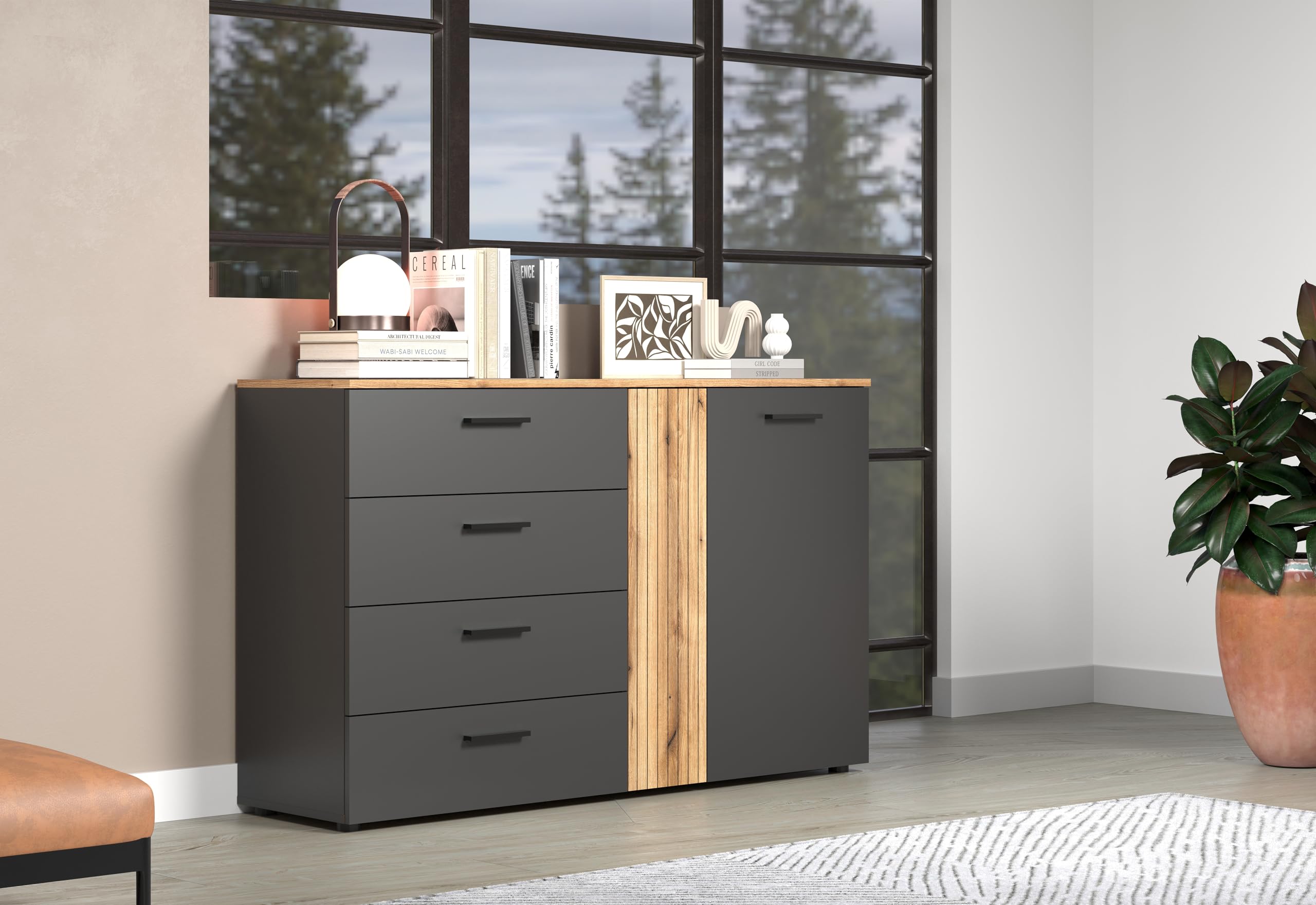 trendteam smart living Esteban Kommode Anthrazit/Evoke Eiche Wohnzimmermöbel mit 4 Vollauszug-Schubladen (BxHxT) 139 x 86 x 38 cm Rillenoptik