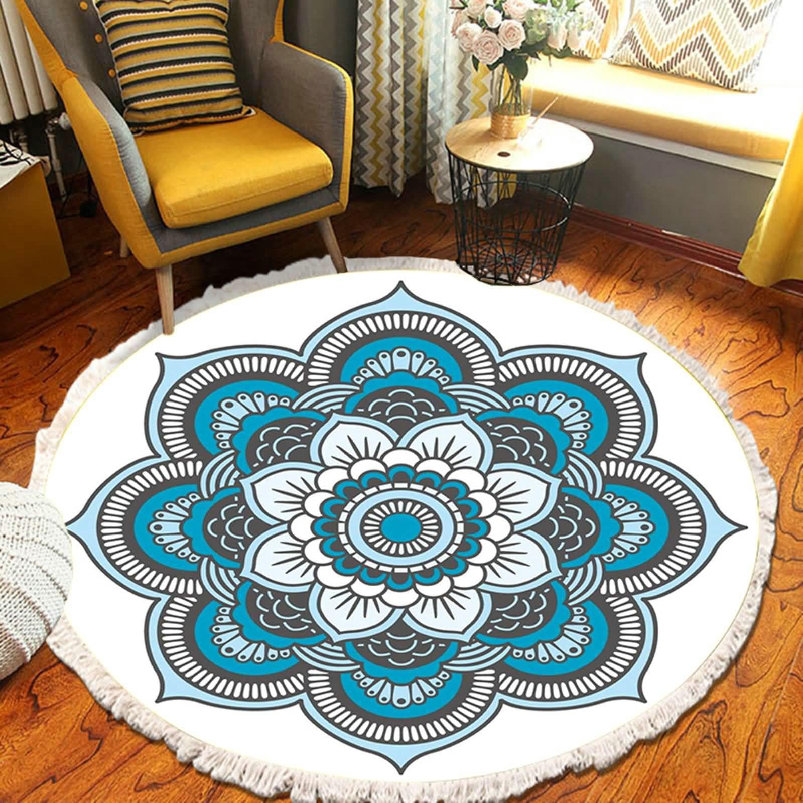 Gualiy Runder Teppich Esstisch, Teppich Blau 200 Polyester Mandala Muster mit Fransen Teppiche Waschbar