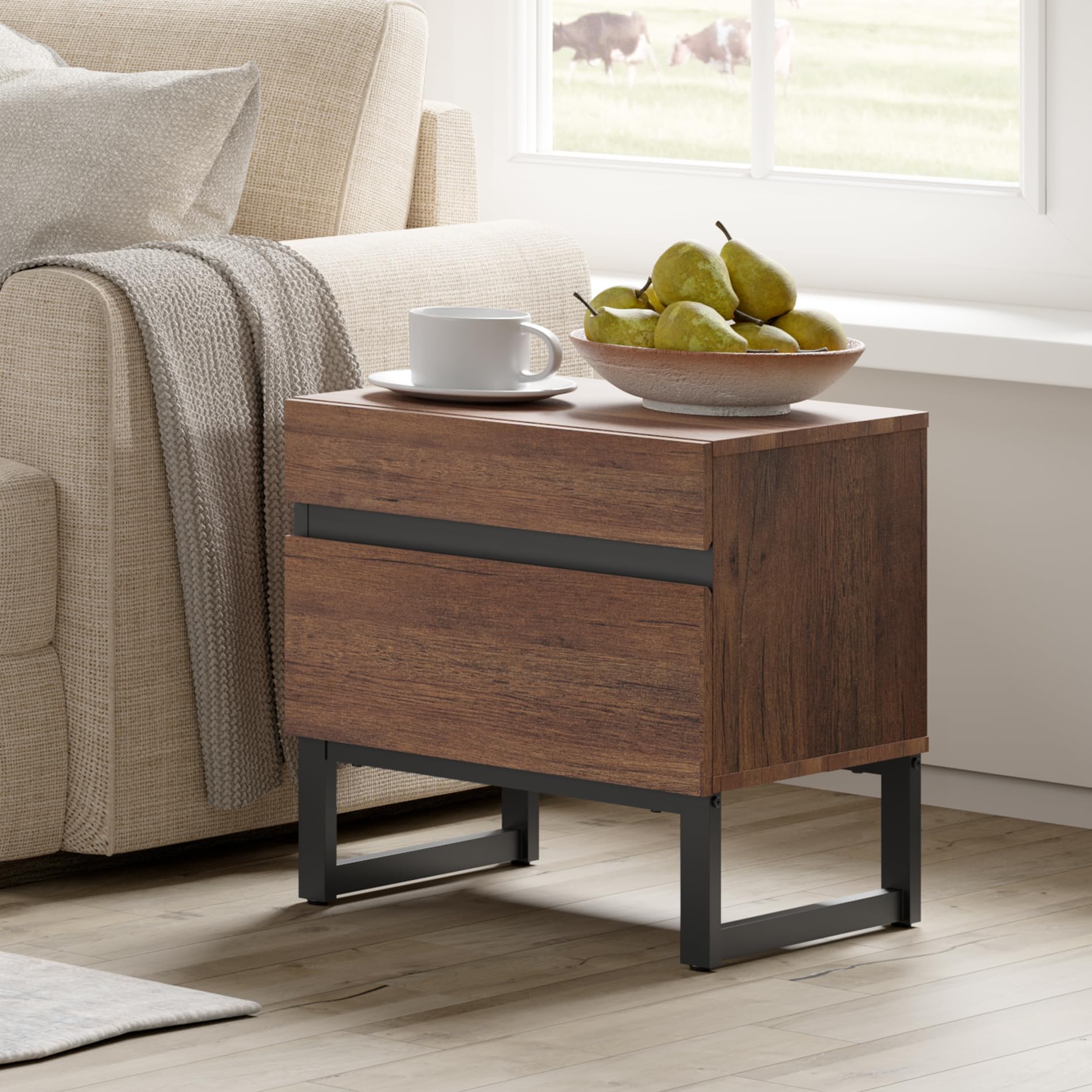 WAMPAT Modern End Table with 2 Drawers, Farmhouse Sofa Table with Black Square Iron Leg, Wood Rustic Side End Table for Living Room, Nighstand for Bedroom, Brown