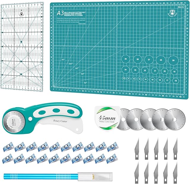 Rotary Cutter Set - Quilting Kit incl. 45mm Fabric Cutter, 5 Extra Rotary Blades, A3 Self Healing Cutting Mat, Acrylic Ruler and Sewing Clips, Craft Knife, Ideal for Crafting, Sewing, Patchworking