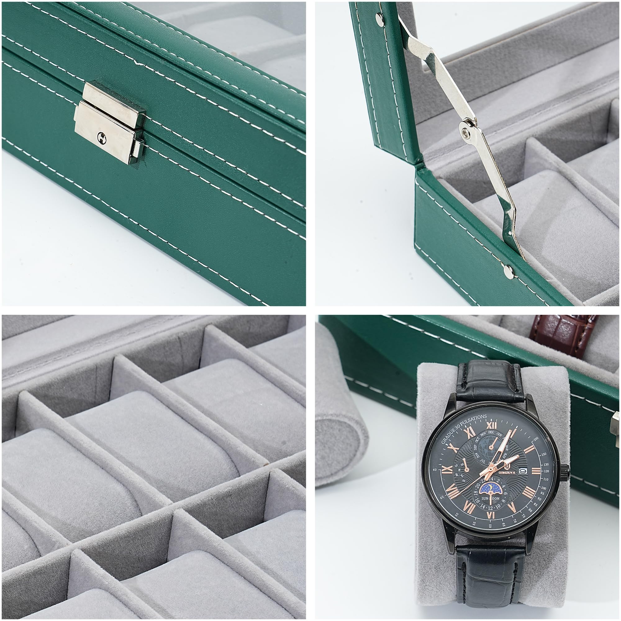 TRIXES Scatola per orologi in ecopelle verde con 10 scomparti – organizer per orologi con finestra in vetro – scatola con cuscini rimovibili
