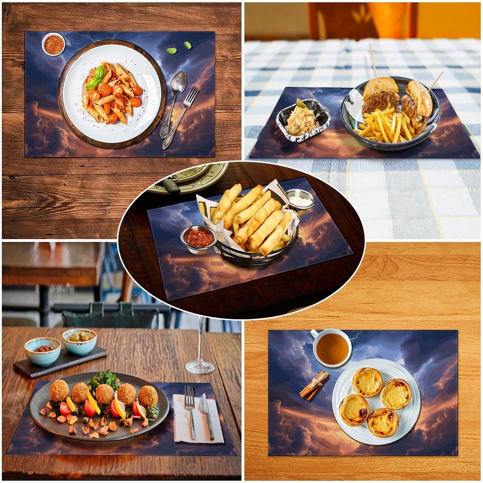 Clouds and Lightning - Tovagliette all'americana in PVC, lavabili, resistenti al calore, antiscivolo, impermeabili, per interni ed esterni, tavolo da pranzo, cucina, vacanze e feste, 6 pezzi