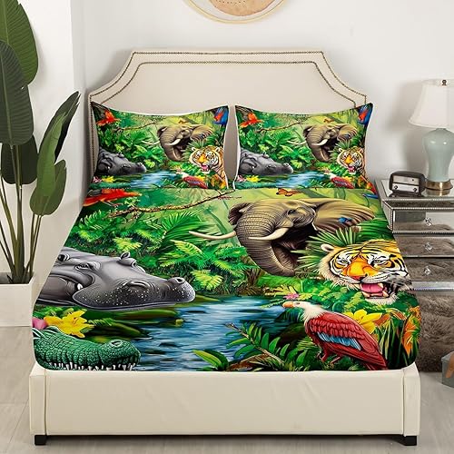 Miniatura 3 de Juego de sábanas bajeras de animales de la selva, tamaño individual, cocodrilo, hipopótamo, elefante, tigre, safari africano, juego de funda de cama