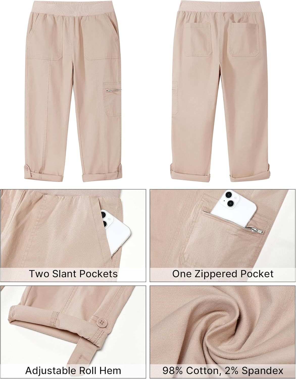 GRAPENT Capri Cargo Pants for Women High Waisted Pull On Elastic Waist Stretch Twill Fold Hem Capris Pants with Pockets - Image 5