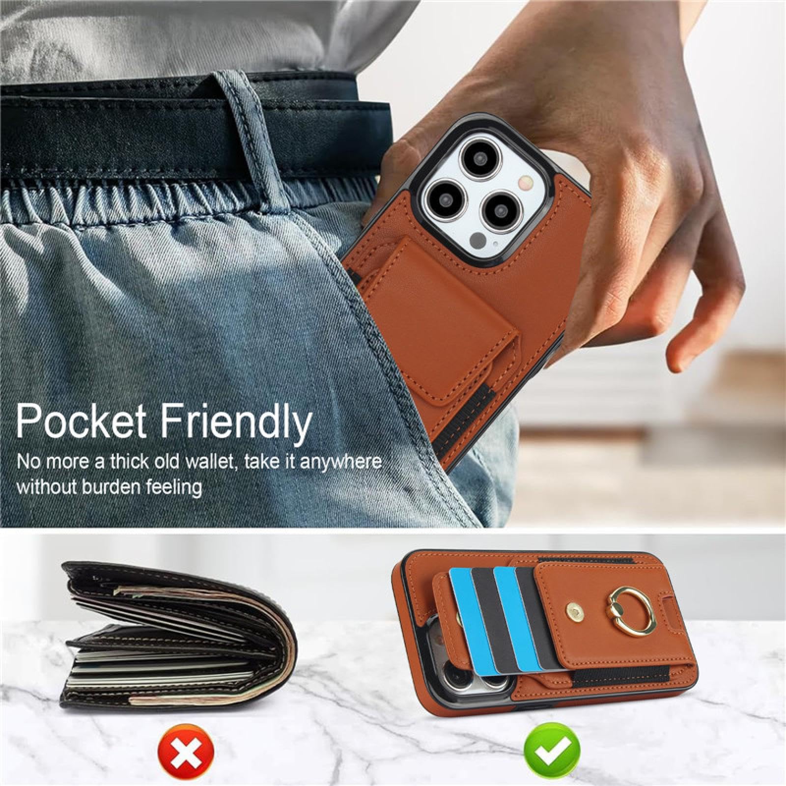 Für iPhone 15 Plus Luxus-Ring-Leder-Brieftaschen-Karten-Telefonhülle Flip-Stand-Cover (Für iPhone 15 Plus/Beige)