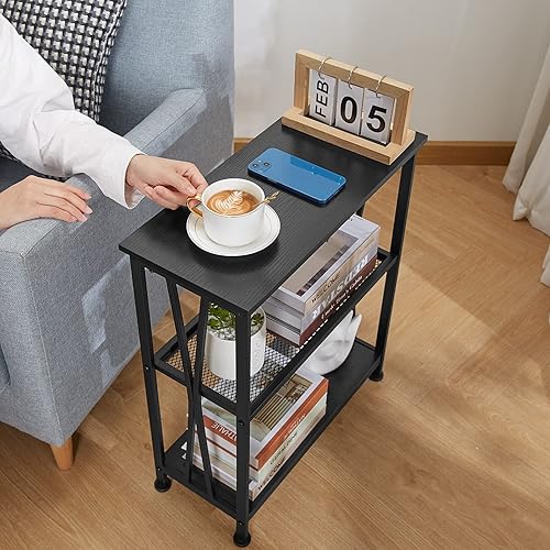 Miniatura 2 de GIOPACO Mesa auxiliar estrecha, mesa auxiliar con estantes de almacenamiento de 3 niveles, mesas auxiliares delgadas industriales rústicas para