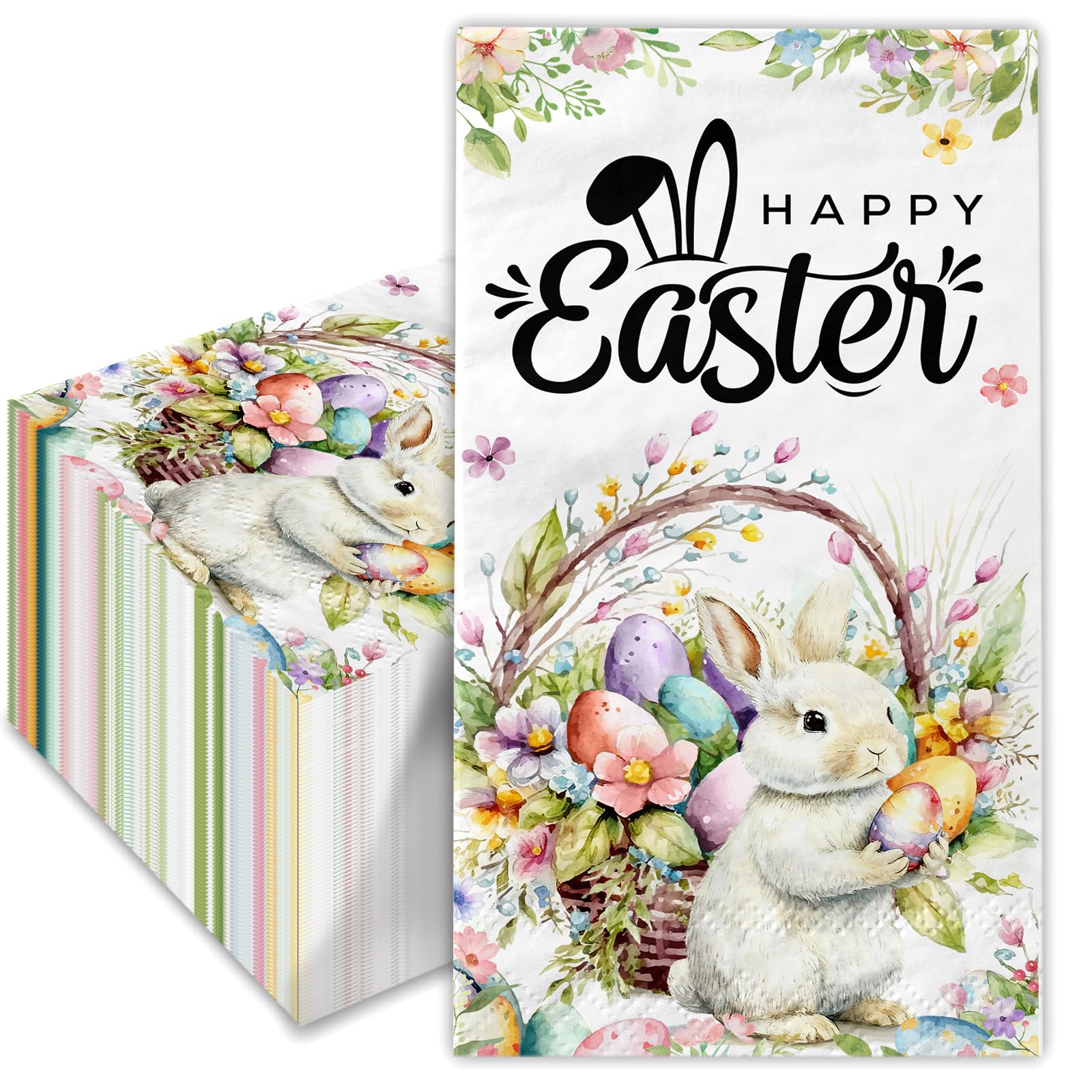 100Pcs Happy Easter Napkins Paper with Cute Bunny Colorful Eggs, Floral Easter Party Supplies Disposable Bunny Luncheon Napkins for Spring Holiday Birthday Party Baby Shower Dinner Kitchen Bathroom