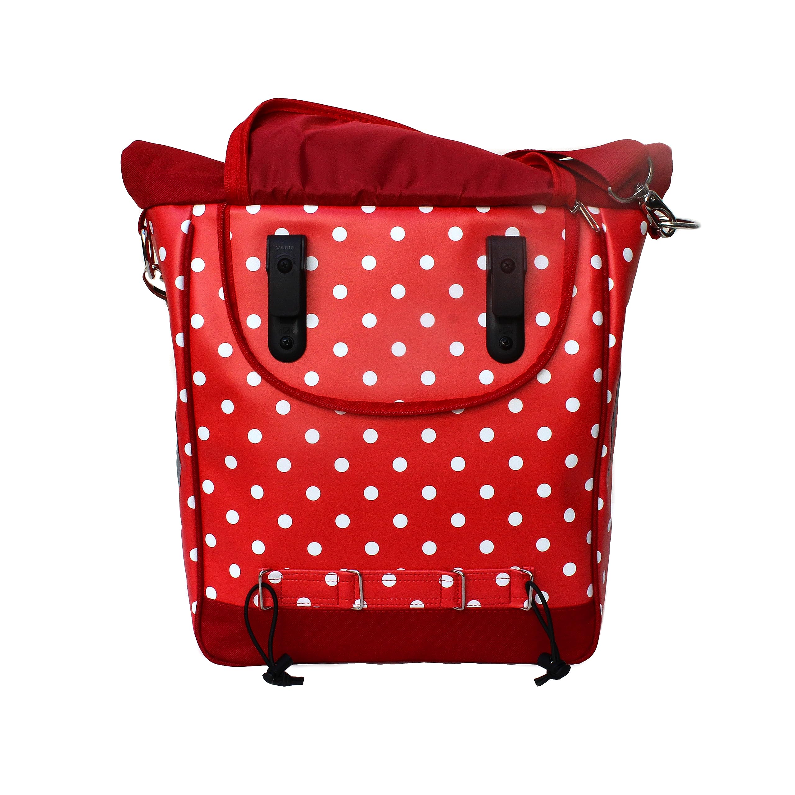 IKURI Einseitige Fahrradtasche für Gepäckträger Packtasche, Abnehmbar, mit Klickfix Vario Haken, mit Tragegurt zum Umhängen, Wachstuch, Gepunktet, Modell Lunares, Rot Sport & Freizeit