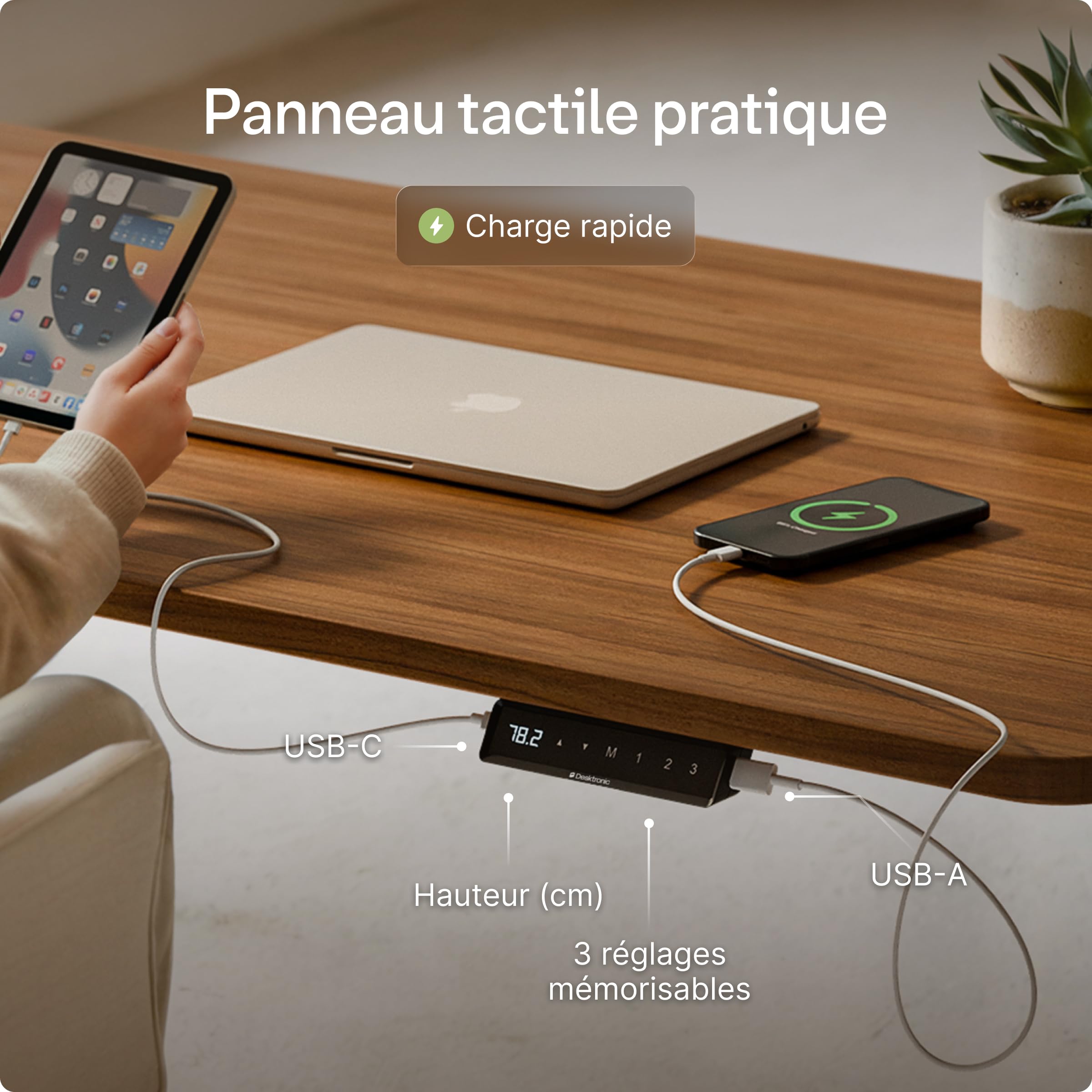 Desktronic Bureau Assis Debout Électrique 160x80cm - Bureau Réglable en Hauteur à Moteurs Électriques Doubles - Commande Tactile - USB - Mémoire - Plateau Bois Européen - Table Assis-Debout