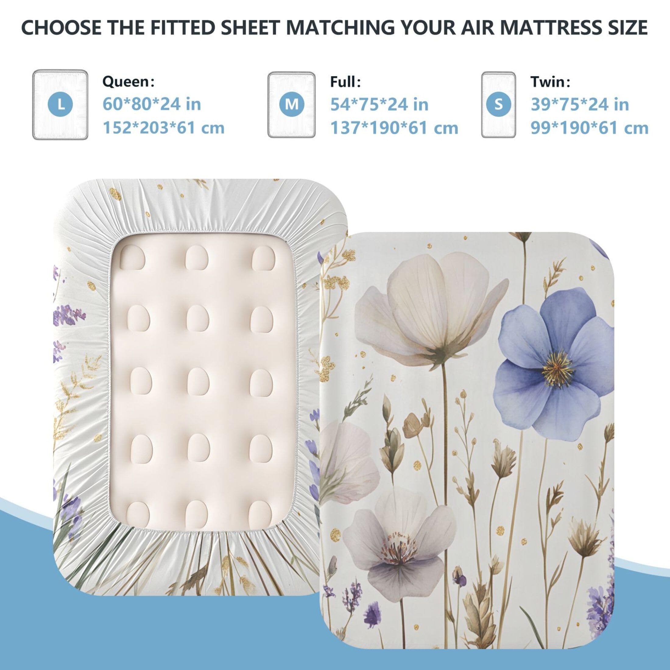 Wildflowers - Sábana bajera ajustable individual para colchón de aire, bolsillo extra profundo de 24 pulgadas, funda suave y transpirable con apertura de válvula de cremallera para cama de