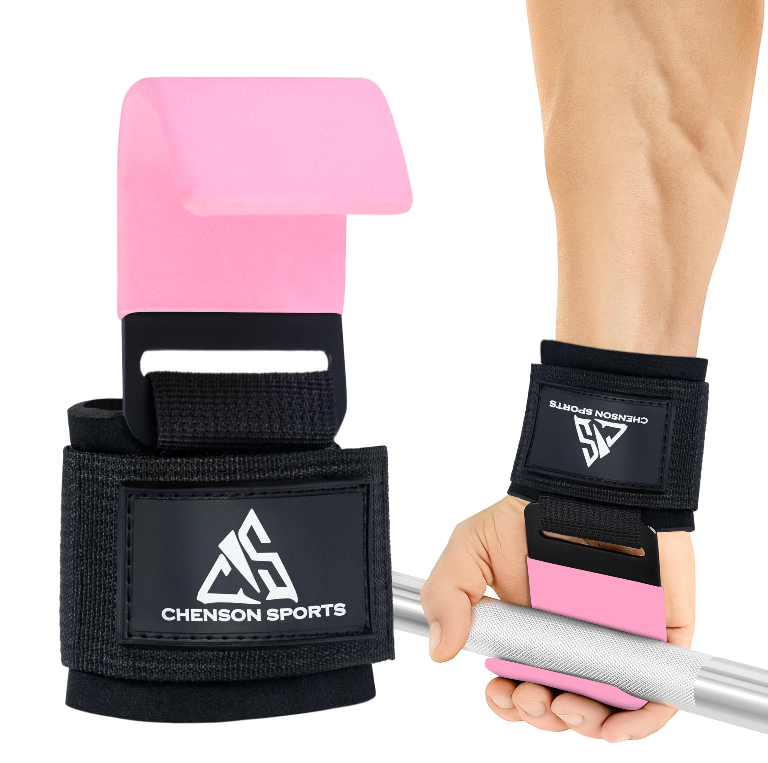 Chenson Sports Weight Lifting Hooks (Pair) – 600LBS Capacity with 8MM Neoprene Wrist Support, Non-Slip Steel Hooks for Deadlifts, Pull Ups, Rows, Shrugs – Anti-Rip Nylon Power Straps (Pink)