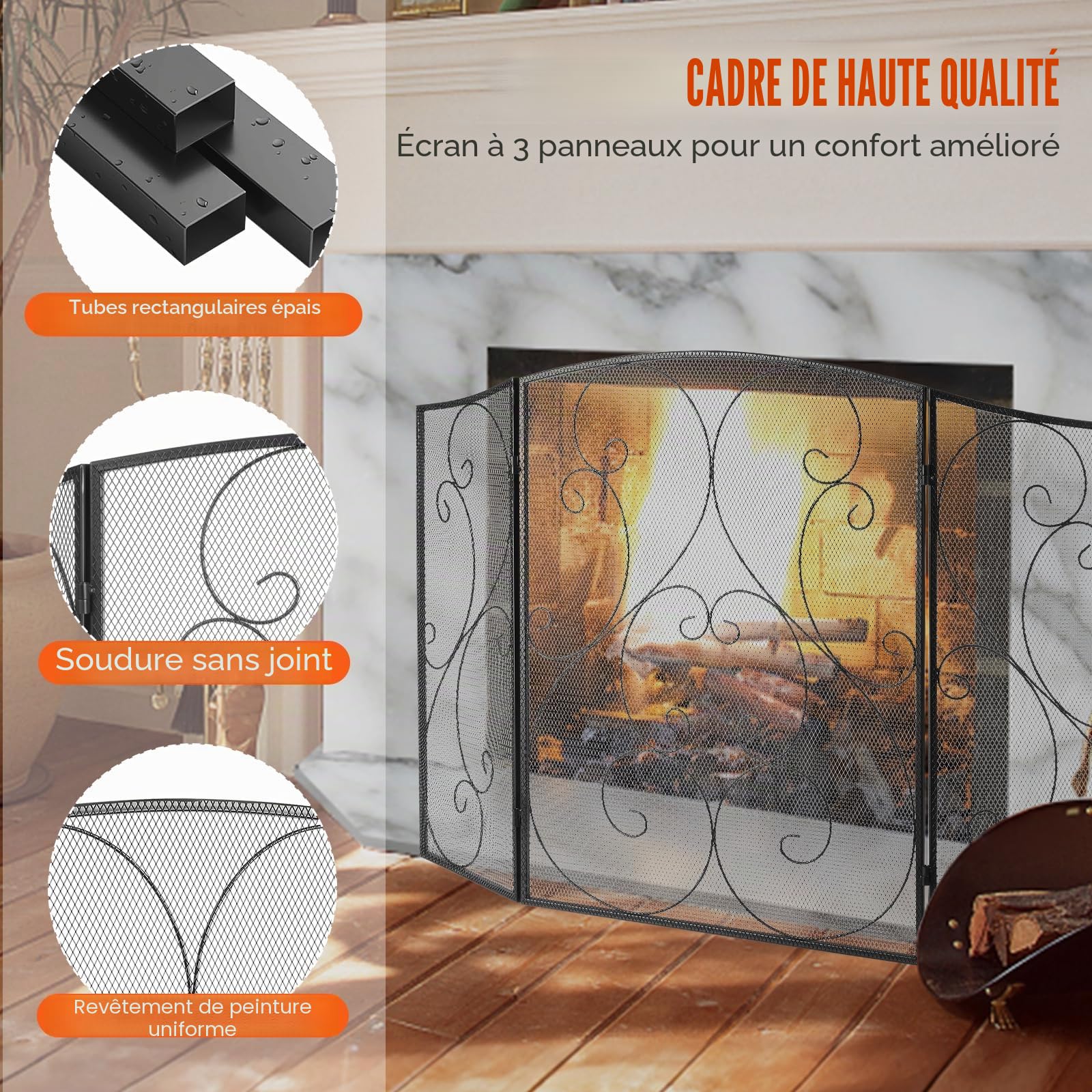 VEVOR Pare-feu de Cheminée 3 Panneaux 121,9x76,7 cm Fer Robuste Pare-étincelles Autoportant Noir