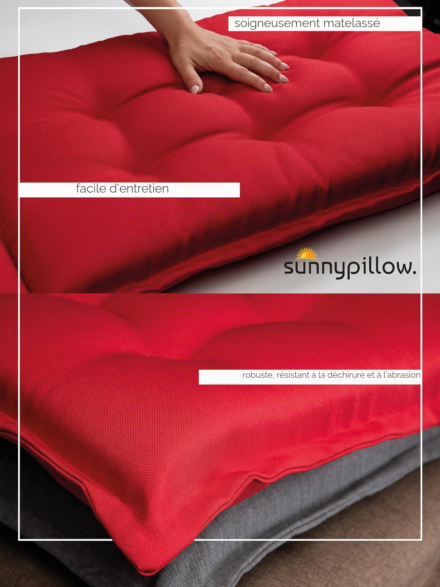 sunnypillow Lot de 2 Coussins de Chaise de Jardin Dossier Haut - 120 x 50 x 9 cm - Résistant UV, Impermeable, Extérieur - Cordons de retenue, Bande de réglage, Repose-tête Amovible - Rouge