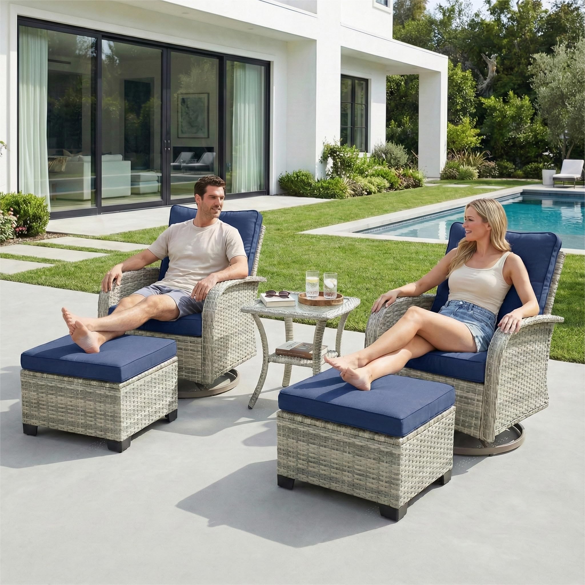 Sweecci 5-Piece Small Patio Furniture Set, Outdoor Swivel Rocking Chairs Set with Ottomans, Patio Bistro Set for Balcony, Deck, Porch, Navy Blue