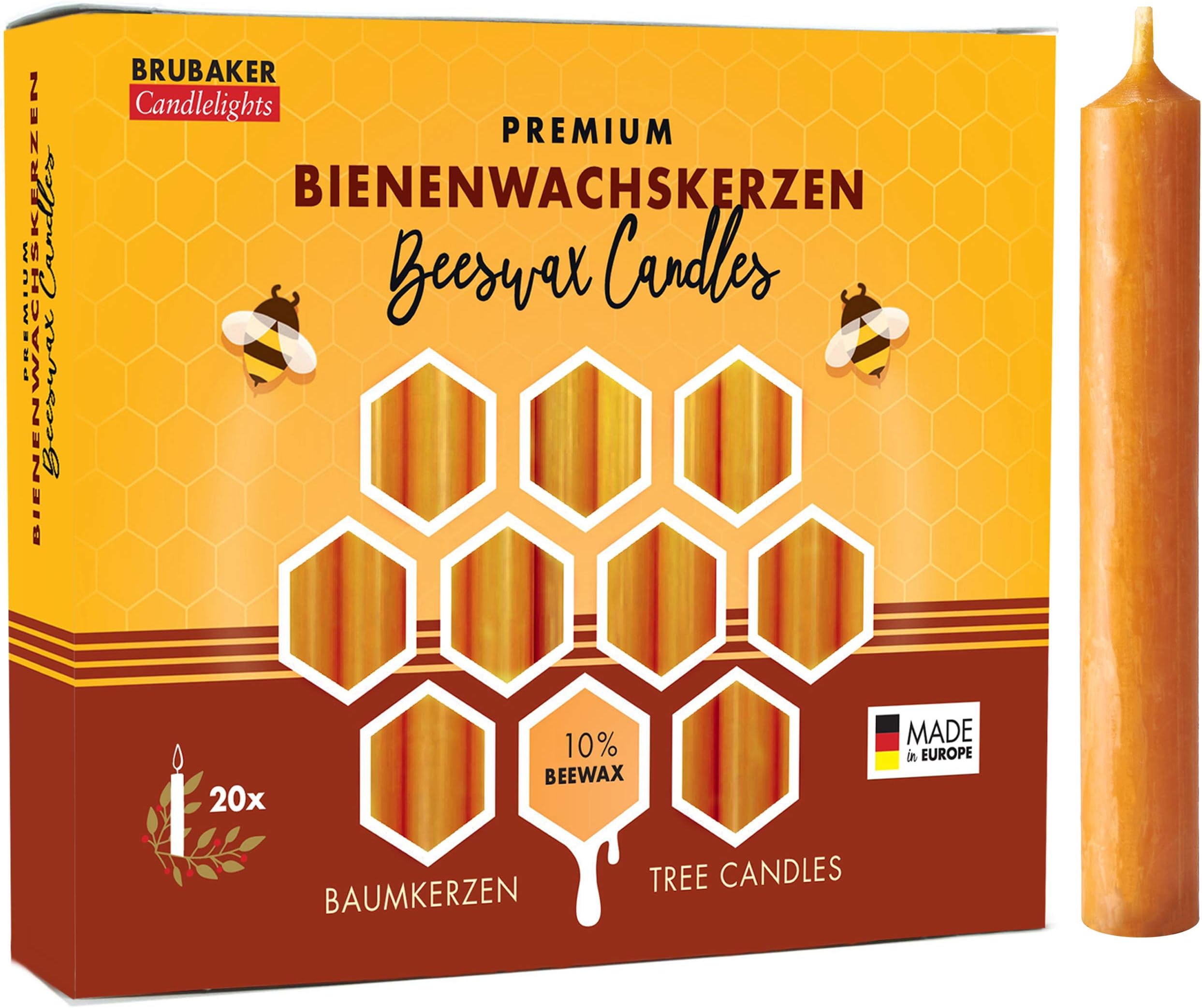 BRUBAKER 20-Pack Of Tree Candles 10% Beeswax Christmas Candles Pyramid Candles Honey-Yellow