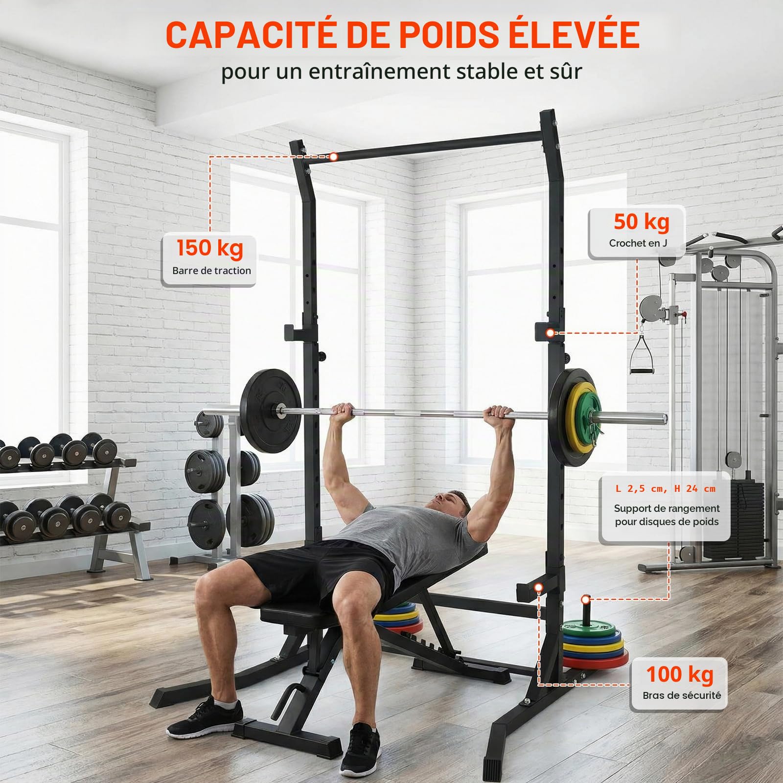 Cages de Squat, Supports Réglable de Rack Squat Multifonction Barbell, Repose haltères, Chandelles Musculation pour Maison, la Salle de Sport, Max. 300KG