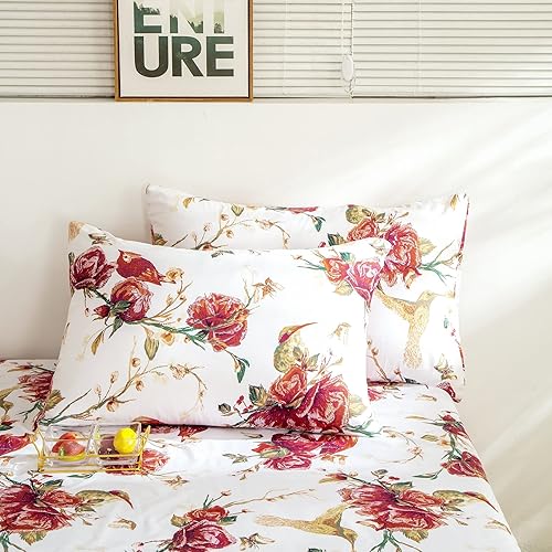 Miniatura 3 de Tache - Juego de sábanas de microfibra rústica, diseño floral, rosas rojas, pájaros, marfil, antiguo, estilo granja, primavera, campo, tamaño