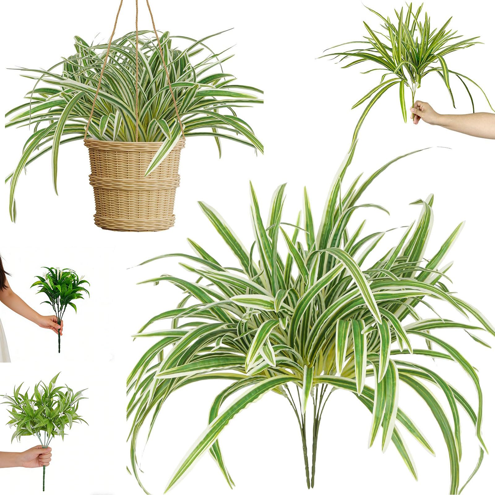 5PC Artificial Spider Plant - Realistic Faux House Potted Plants, Home Decor, Realistic Faux Indoor Plant,Basket Plug Faux Plants for Indoor Table Office & Outdoor Home Garden Planter Decor (Style-2)