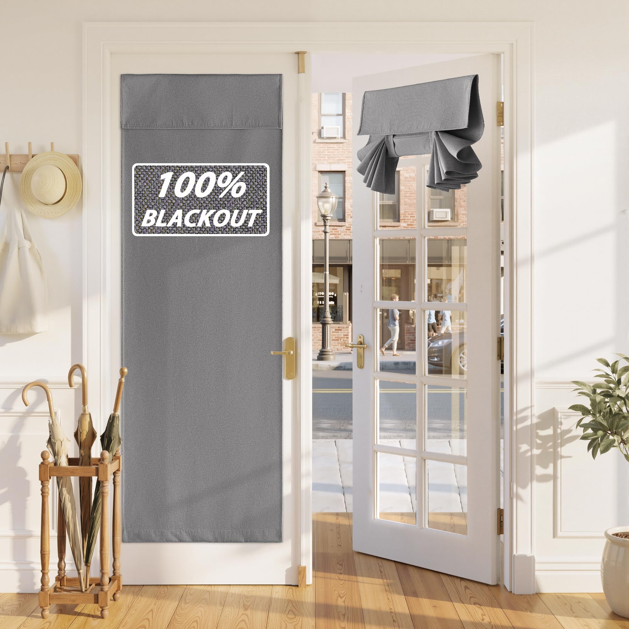 RYB HOME 100% Blackout Linen Door Window Curtains for French Door, Tricia Room Darkening Adhesive Privacy Assured Thermal Insulated Blinds for Kitchen