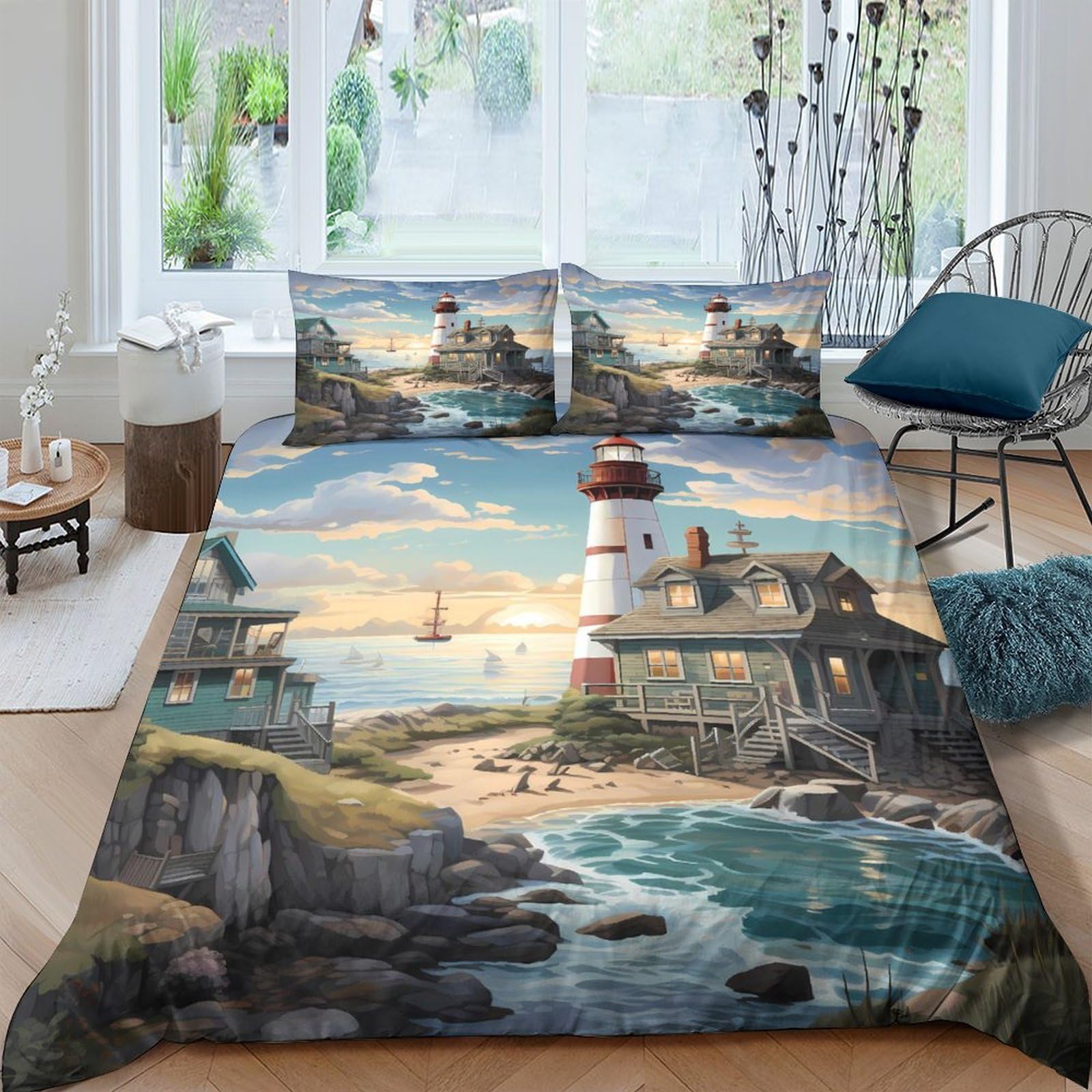 Ctjqhvkz Style-7 3D Printed Lighthouse Beach Fitted Sheet Microfiber Soft Ocean Coast Bed Cover For Bedroom Guest Room Decor Single（135X200cm）