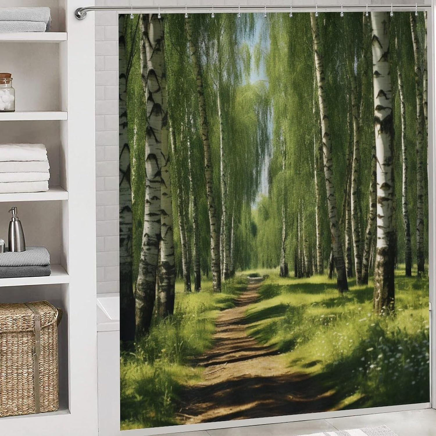 4 Pieces Abstract Watercolor Forest Shower Curtain Set Green Plants Classic Vintage Bathroom Decor Sets with Rugs Bathroom Accessories Set Bathroom Curtain Shower Set with 12 Hooks