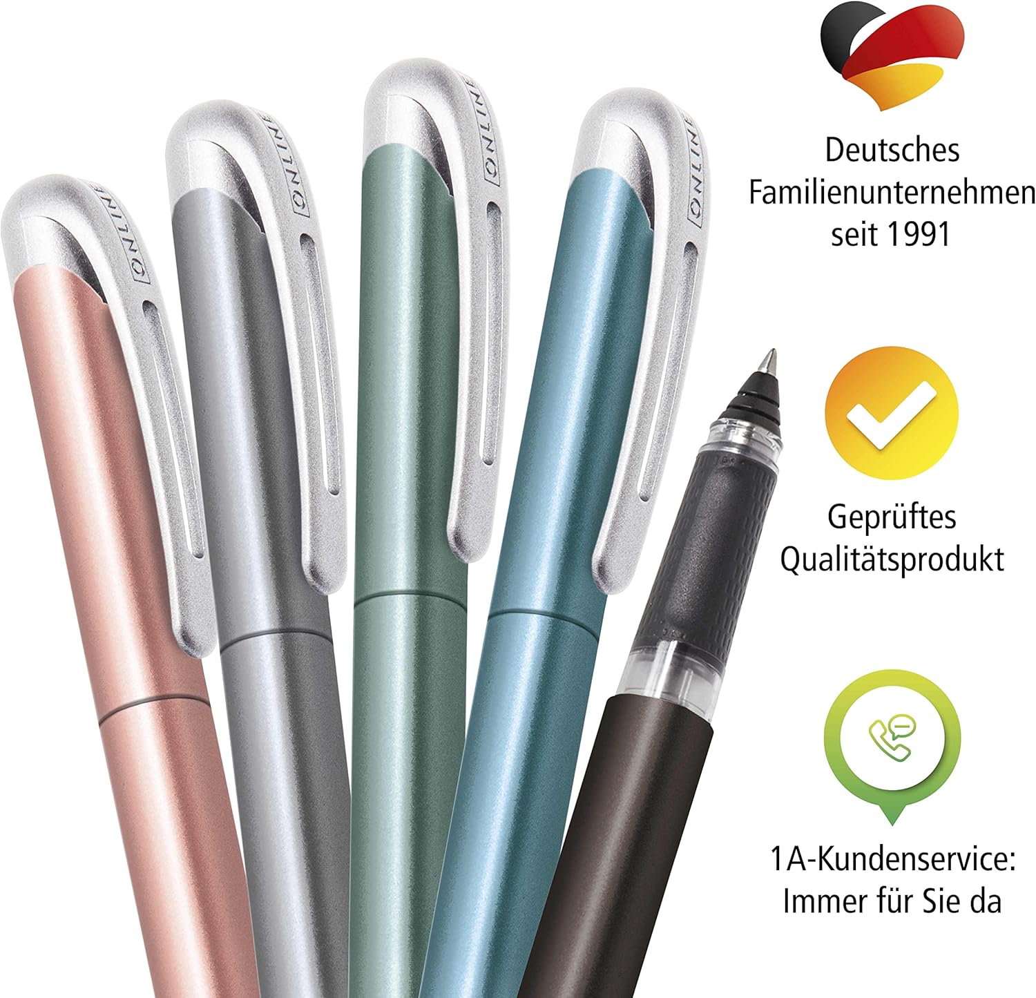 Online Ergonomic Rollerball Pen Metallic Black │ School and High School │ Soft Grip for Left-Handed and Right-Handed │ Standard Ink Cartridges Refillable, Blue Colour │ Student Pens