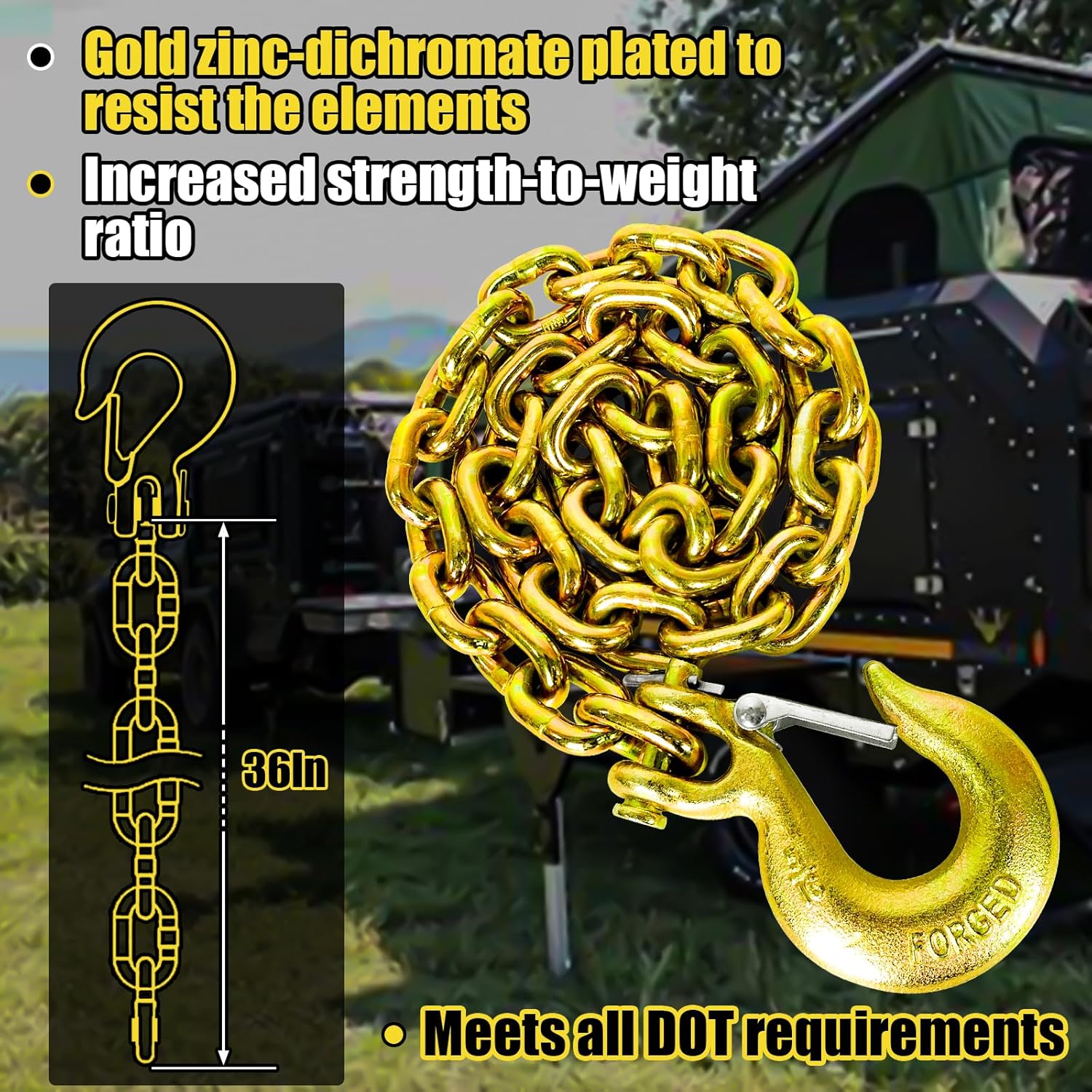 G80 Trailer Safety Chain 36 Inch | Tow Chain with 5/16'' Clevis Snap Hook | 2-Pack Heavy Duty Chains WLL 21,000 lbs for Towing - Image 3