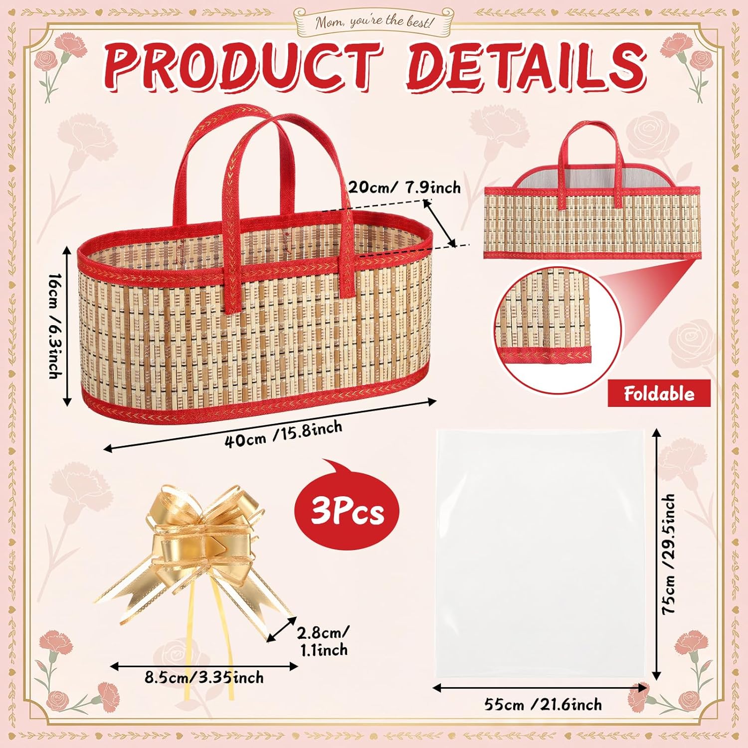 Reallnaive 3 Set Large Mother's Day Gift Basket Empty 15.8 x 7.9 x 6.3 in Woven Bamboo Gift Basket Kit with Handle Clear Wrap Bag Ribbon for DIY Birthday Housewarming Party Wrapping