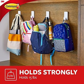 Command 15 Lb XL Heavyweight Wall Hook, Damage Free Hanging Wall Hook with Adhesive Strips, Heavy Duty Single Wall Hook for Hanging Back to School Organizers, 2 White Hooks and 8 Strips