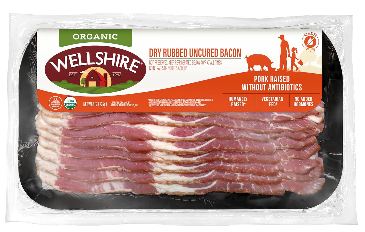 Wellshire Farms Organic Uncured Bacon 8oz - Nitrate Nitrite Free, Humanely Raised Pork, Thick Sliced Full Flavor