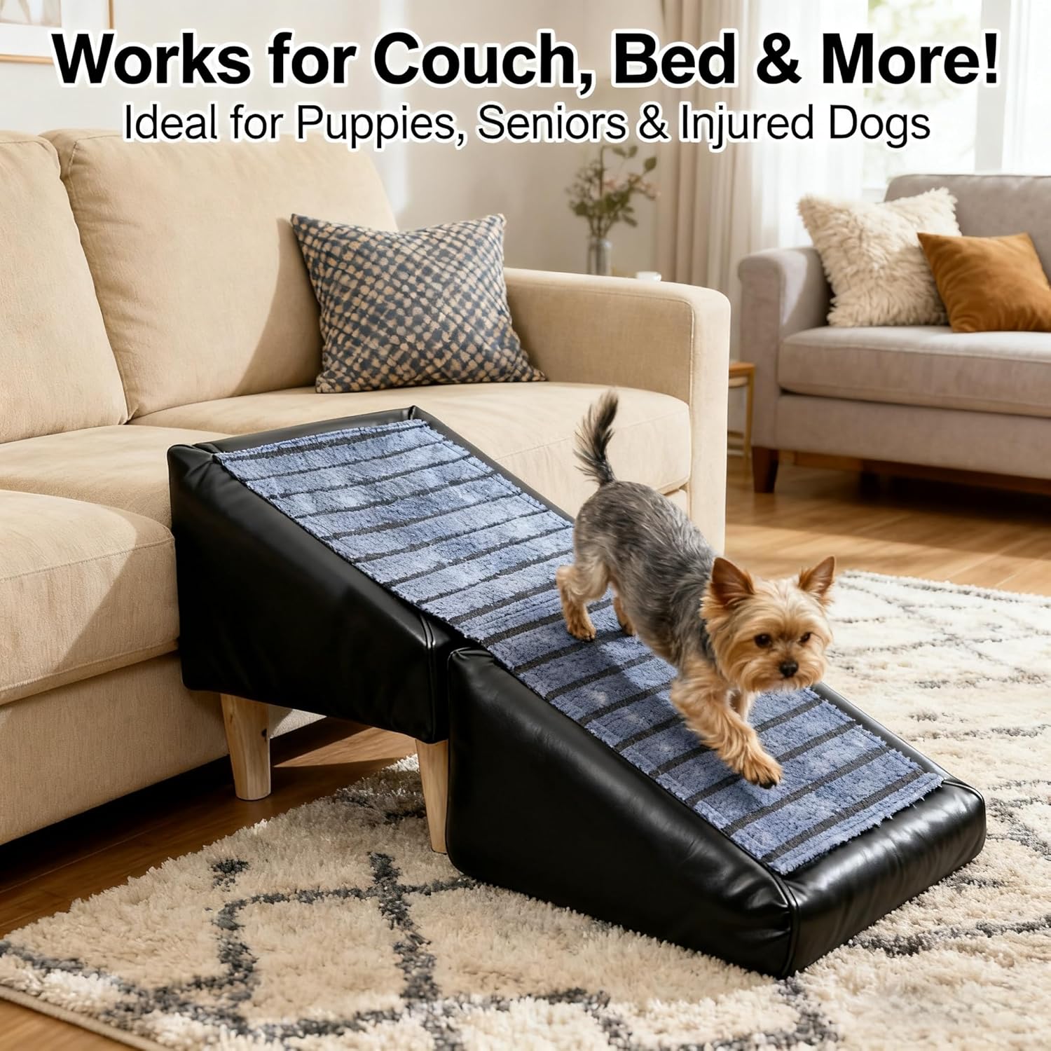 Small Dog Stairs for Bed 15" H - Wooden Non-Slip Foldable 2-in-1 Pet Ottoman | Fits 10-15" Low Beds/Couches, Pet Steps for Puppy