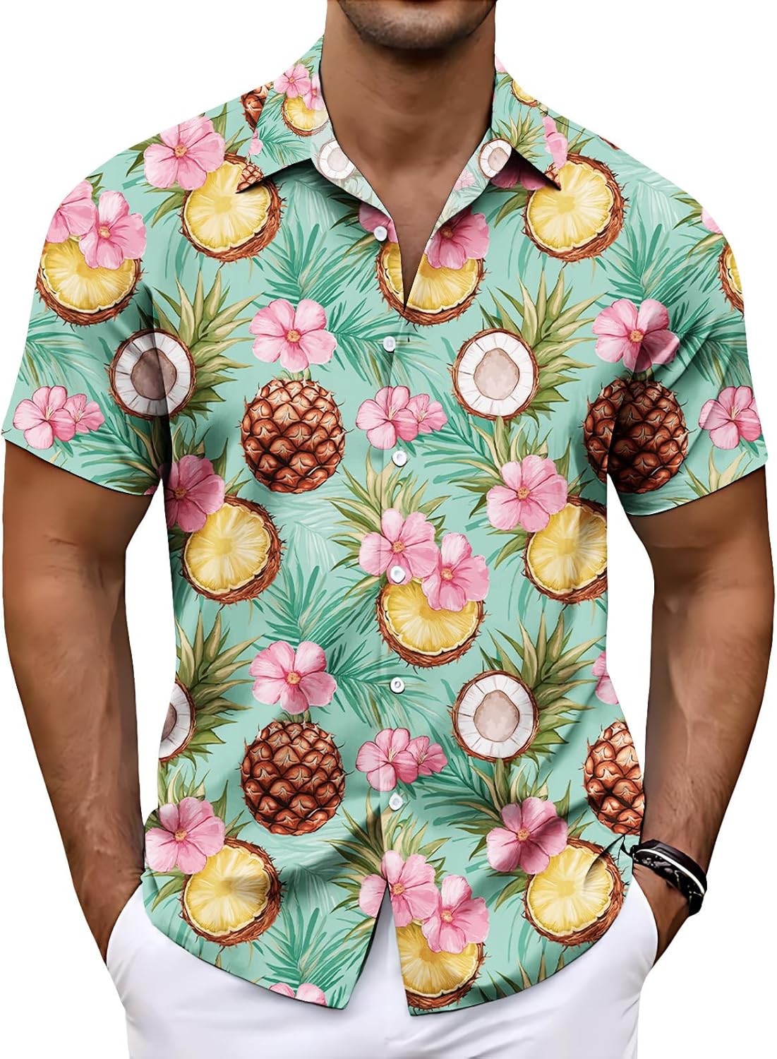 Mens Hawaiian Shirt Feather Print Short Sleeve Button Down Lightweight Breathable Summer Beach Vacation Tops