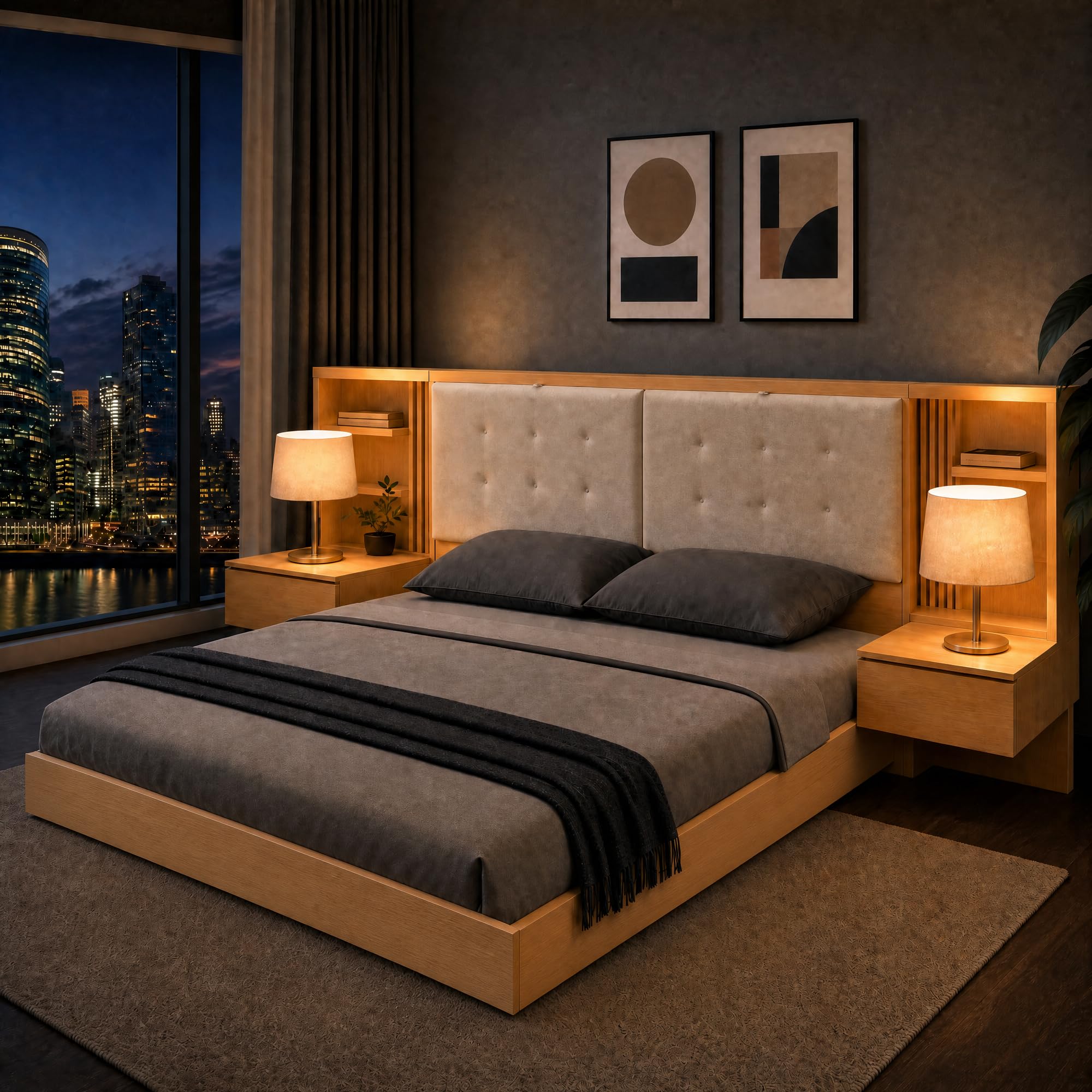 Estructura de Cama Flotante 180x200cm con Cabecero Modular Simetrico de Almacenamiento Compartimentos Abiertos Cajones de Guardado y Base de Lamas de Madera para Adultos Naturalmente