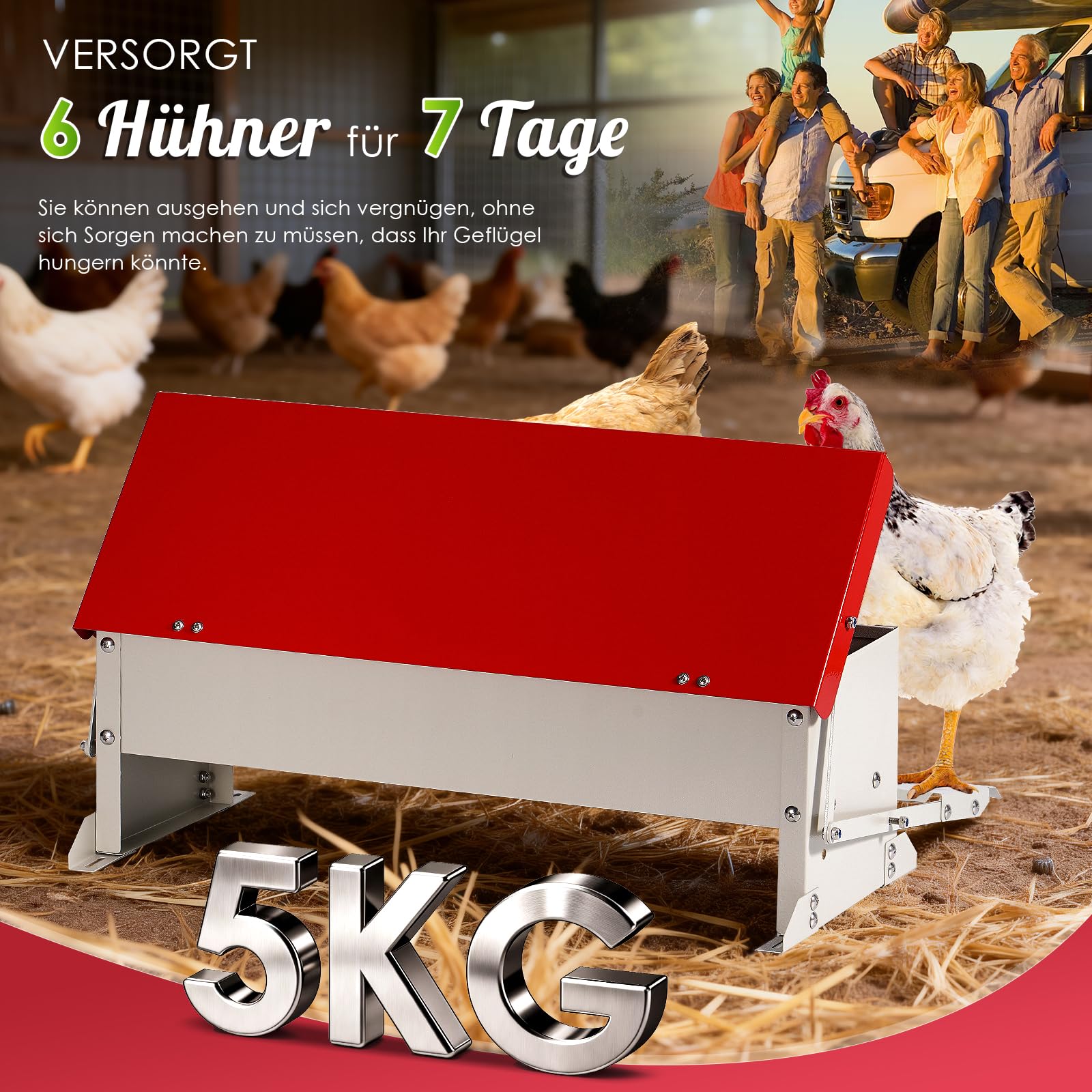 Futterautomat für Hühner (5 kg Volumen), Verzinkter Stahl, Trittmechanismus mit Trittplatte, Wasserdichter Deckel, Rattensicherer Futterspender für Geflügel wie Hühner, Enten, Gänse