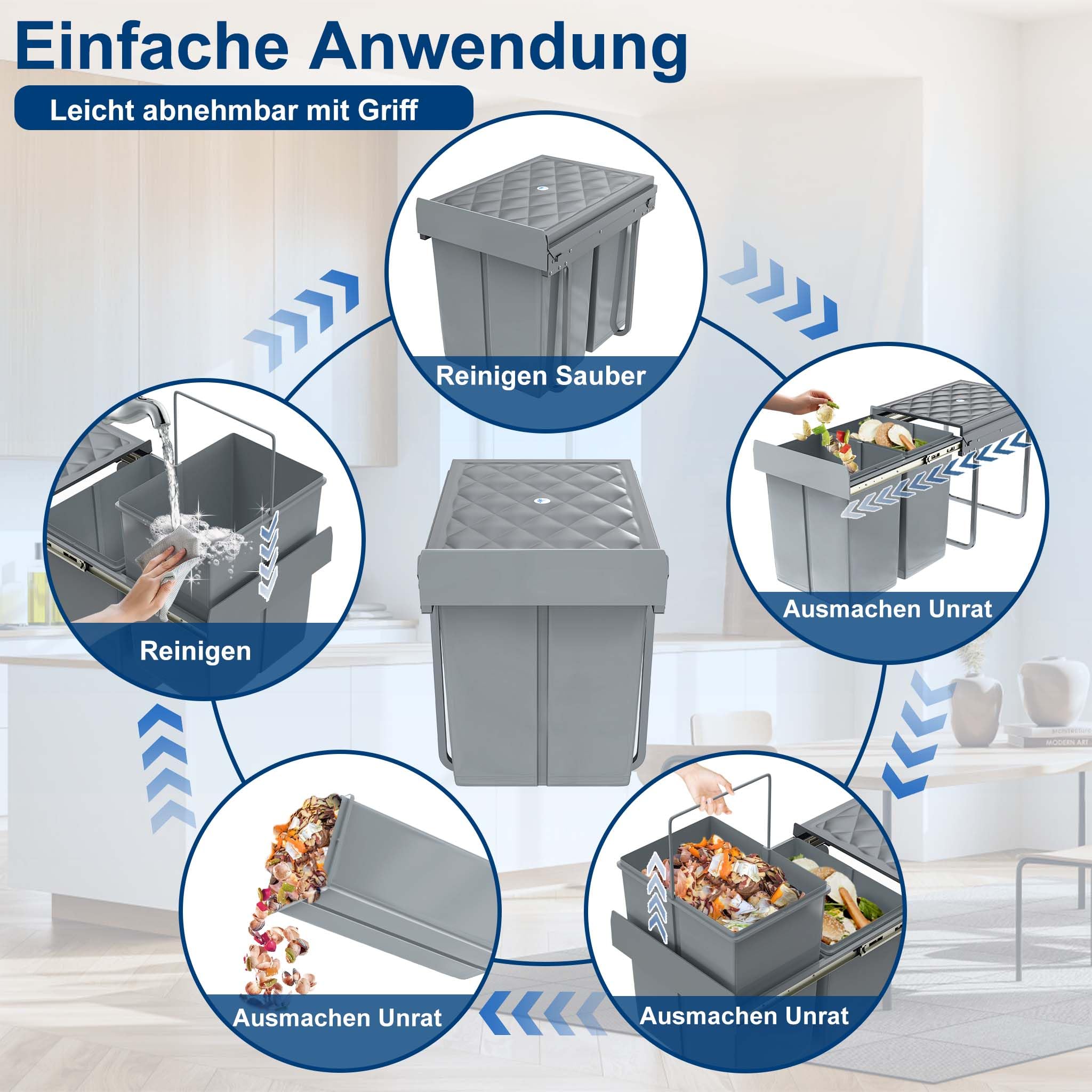 AufuN Einbaumülleimer Abfallsammler Mülleimer Küche Unterschrank Auszug | Mülltrennungssystem mit Deckel Fächer Ausziehbar, Vollauszug mit Teleskopschienen Einbau-Mülleimer, Grau (2x15L)