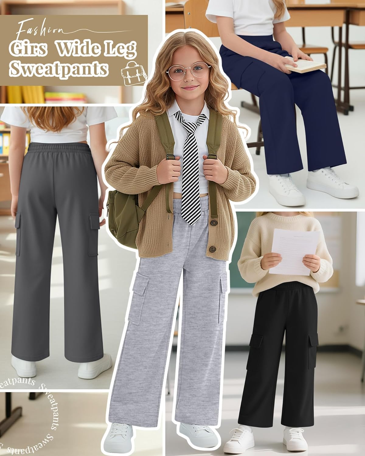 4 Pack Girl's Wide Leg Sweatpants with Cargo Pockets Baggy Elastic High Waist Pants Kids Casual Athletic 5-14Y - Image 4