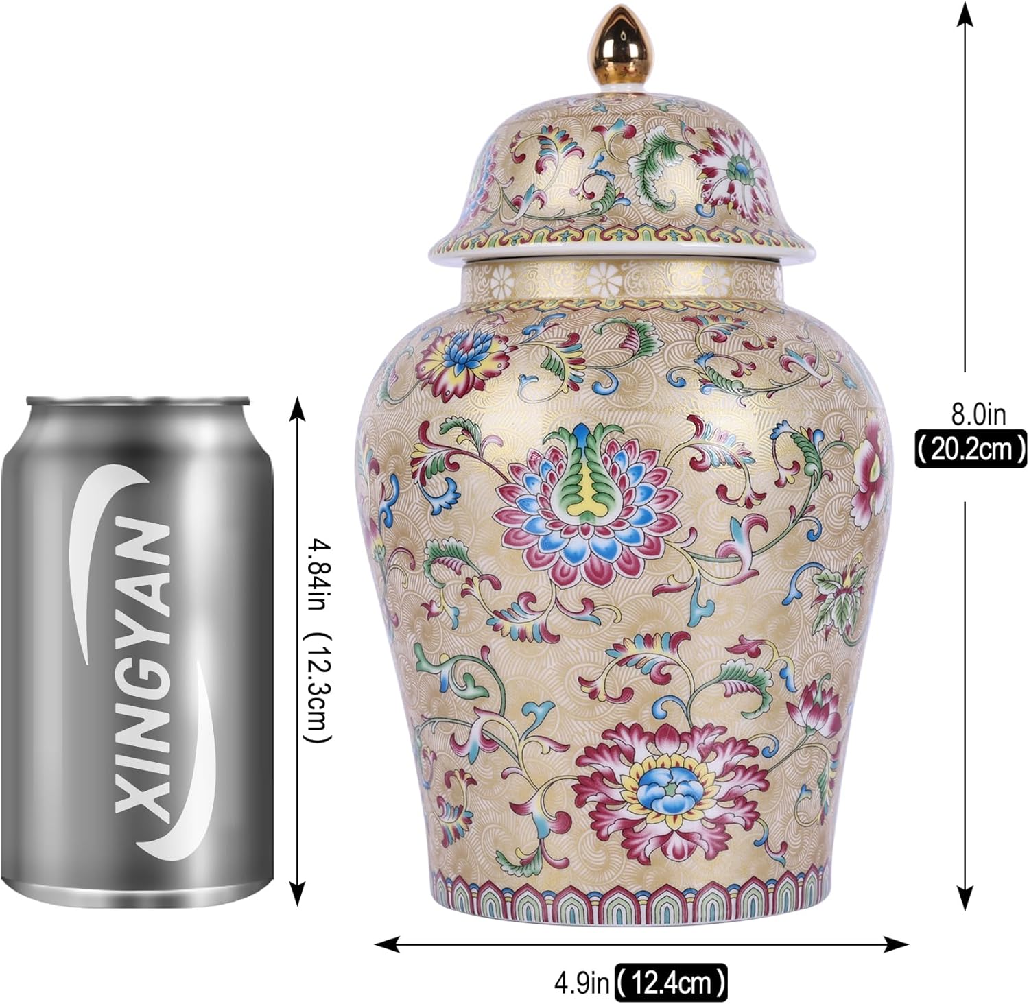 Chinoiserie Ginger Jar, Blue and White Porcelain Ceramic Vase with Gold Colorful Floral Design, 8" Decorative Ginger Jar for Shelf Decor, Storage Jar for Snacks & Small Items (FW Jar)