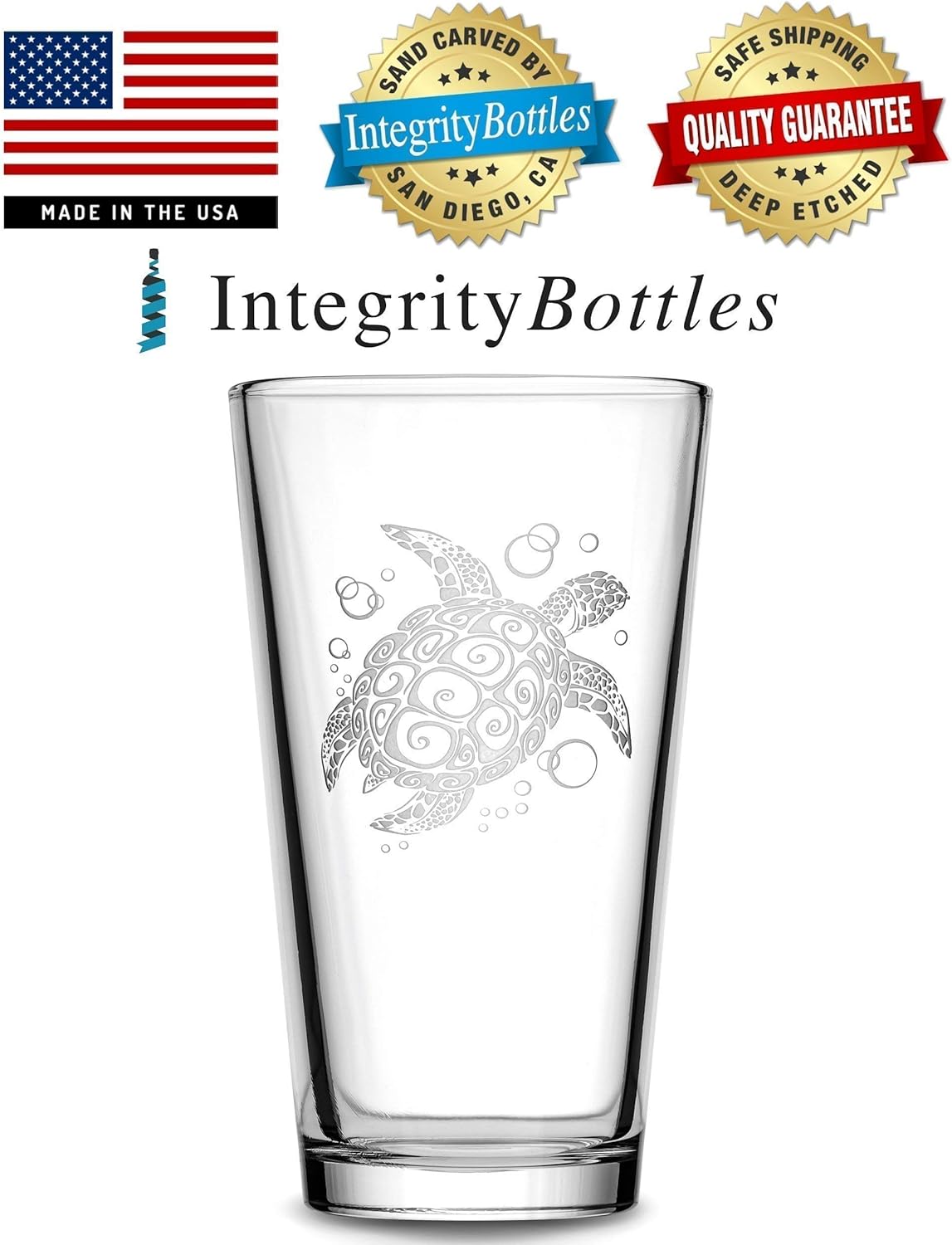 Integrity Bottles Tribal Sea Life Designs, (Set of 4) Turtle, Dolphin, Hammerhead Shark and Stingray, Premium Pint Glasses, Handmade, Handblown, Hand Etched Gifts, Sand Carved, 16oz