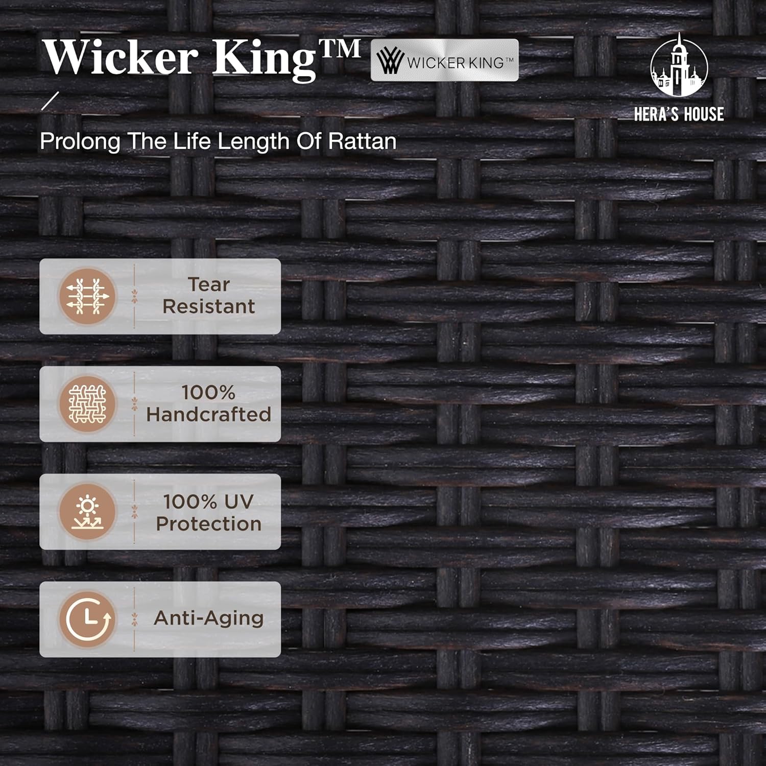 HERA'S HOUSE Patio Furniture Set 5 Pieces, 2 x Wicker Chair, 45" Fire Pit Table and 2 x 2-Seat Lover Sofa with Cushions, All Weather Outdoor Conversation Set for Garden, Lawn, Backyard