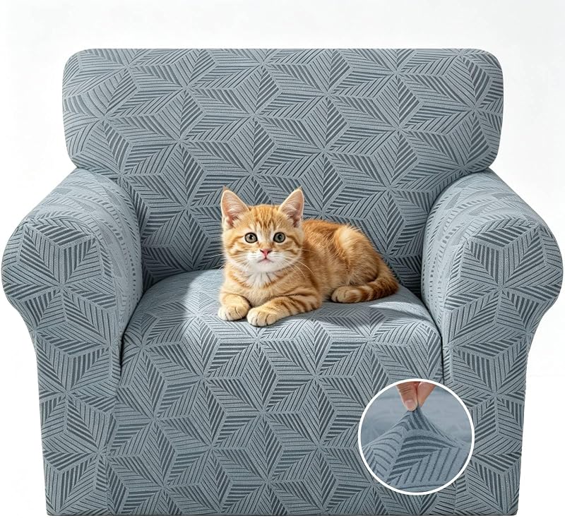 ZNSAYOTX Stretch Chair Cover, 1 Piece Couch Covers for 1 Seat Sofa, Jacquard Armchair Slipcovers with Elastic Bottom Thickened Furniture Protector for Dog Cat Pet (Small, Light Grey)