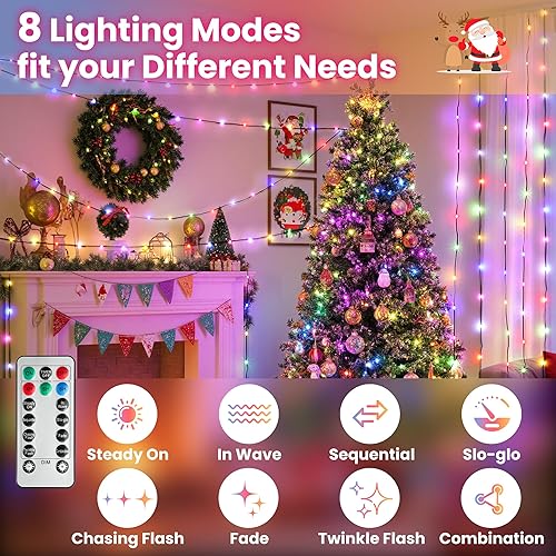 Miniatura 5 de 1200 luces LED de Navidad de 394 pies con control remoto, impermeable, regulable, 8 modos, tira de luces parpadeantes con temporizador para árbol de