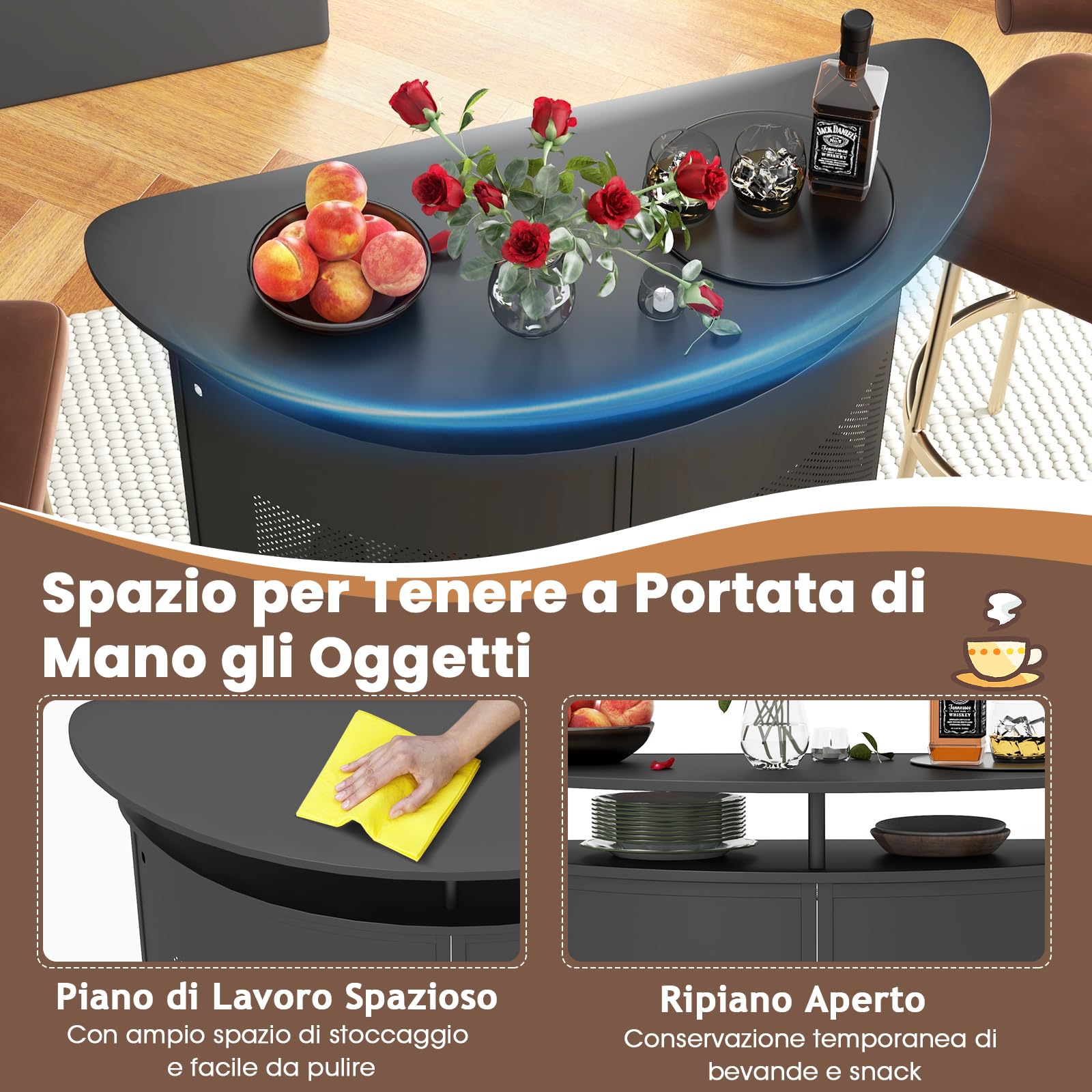 RELAX4LIFE Tavolo Bar Semicircolare con 4 Ripiani e 3 Supporti per Calici, Piano Curvo in Metallo Perforato con Poggiapiedi Integrato, per Cucina, Soggiorno o Angolo Bar (Nero, 110,5 x 48 x 112,5 cm)