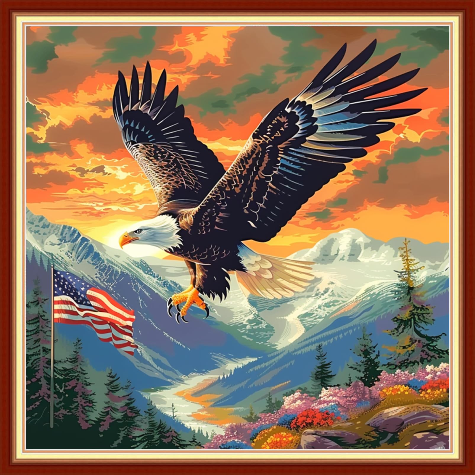 Joyhoor Stamped Cross Stitch Kits for Beginners Needlepoint Kits for Adults Embroidery Kits 11CT Counted Cross Stitch Kits Printed Embroidery Pattern-Eagle Flag 18x18 inchs