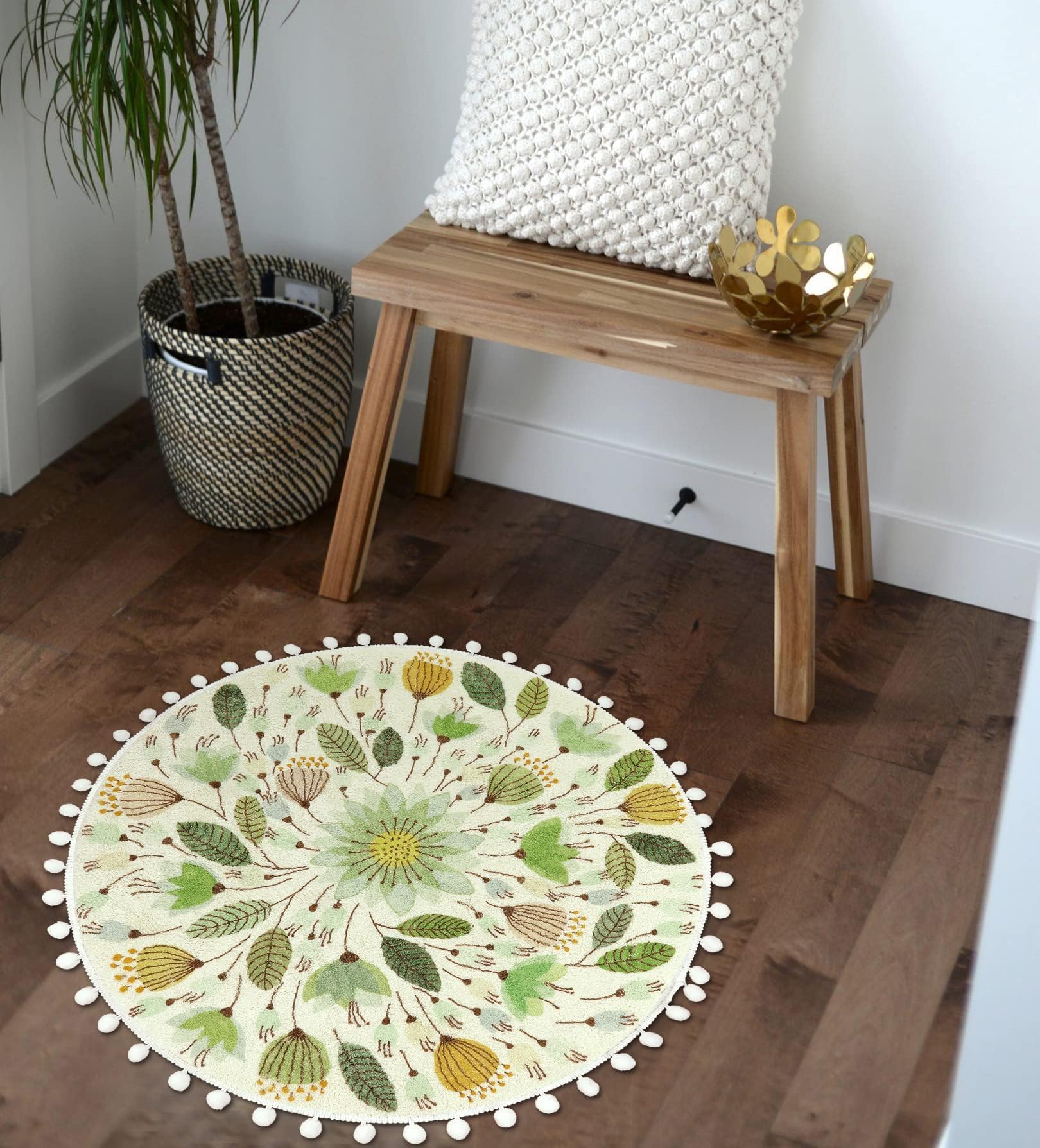 Uphome Runder Teppich, kleine Badematte mit Pompon-Borte, florales Pflanzendesign, waschbar, weich, rutschfest, für Dusche, Waschbecken, Gästebad, Babyzimmer, Schlafzimmer, Tisch, Grün, 61 cm