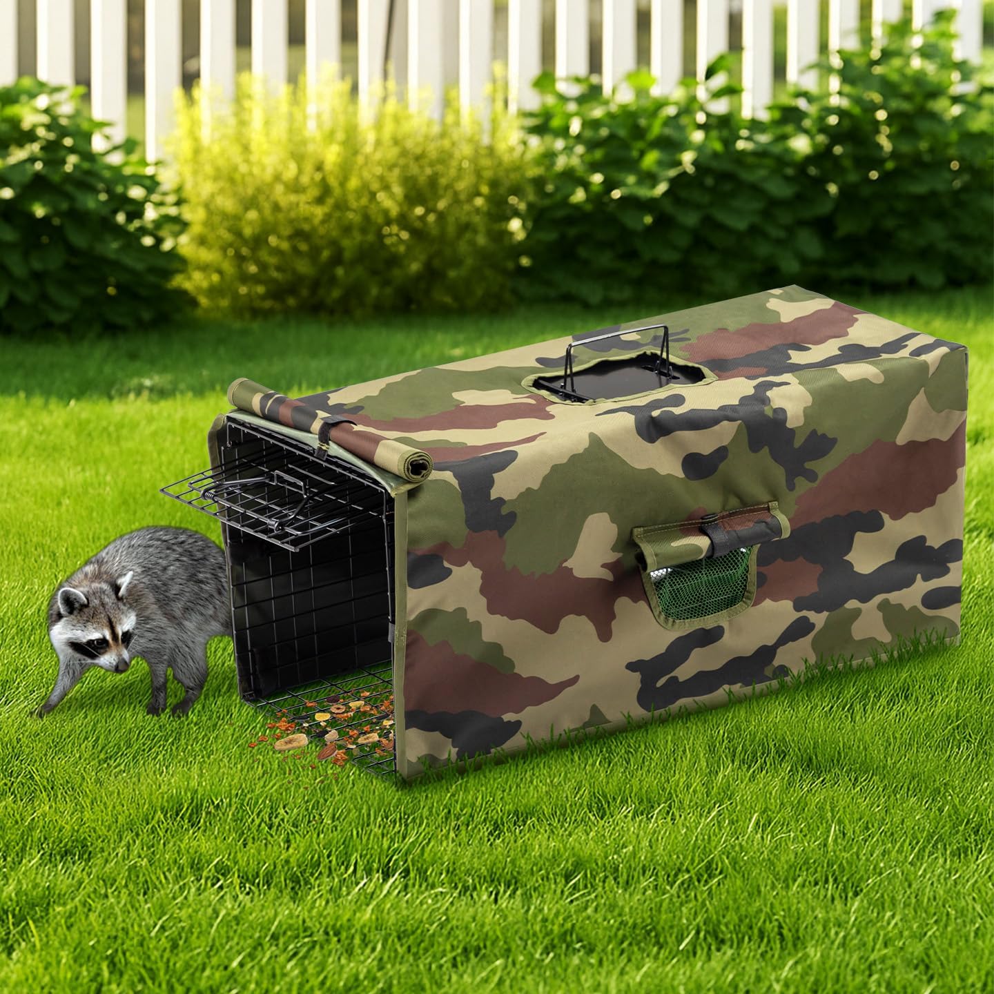 Outvita 32" Live Animal Cage Trap, Iron Door Steel Wire Mesh, Catch Release Humane Rodent Outdoor Cage with Cover for Squirrel, Stray Cat, Chipmunk, Rat, Raccoon, Groundhog, Skunk, Rabbits, Black Black Camouflage