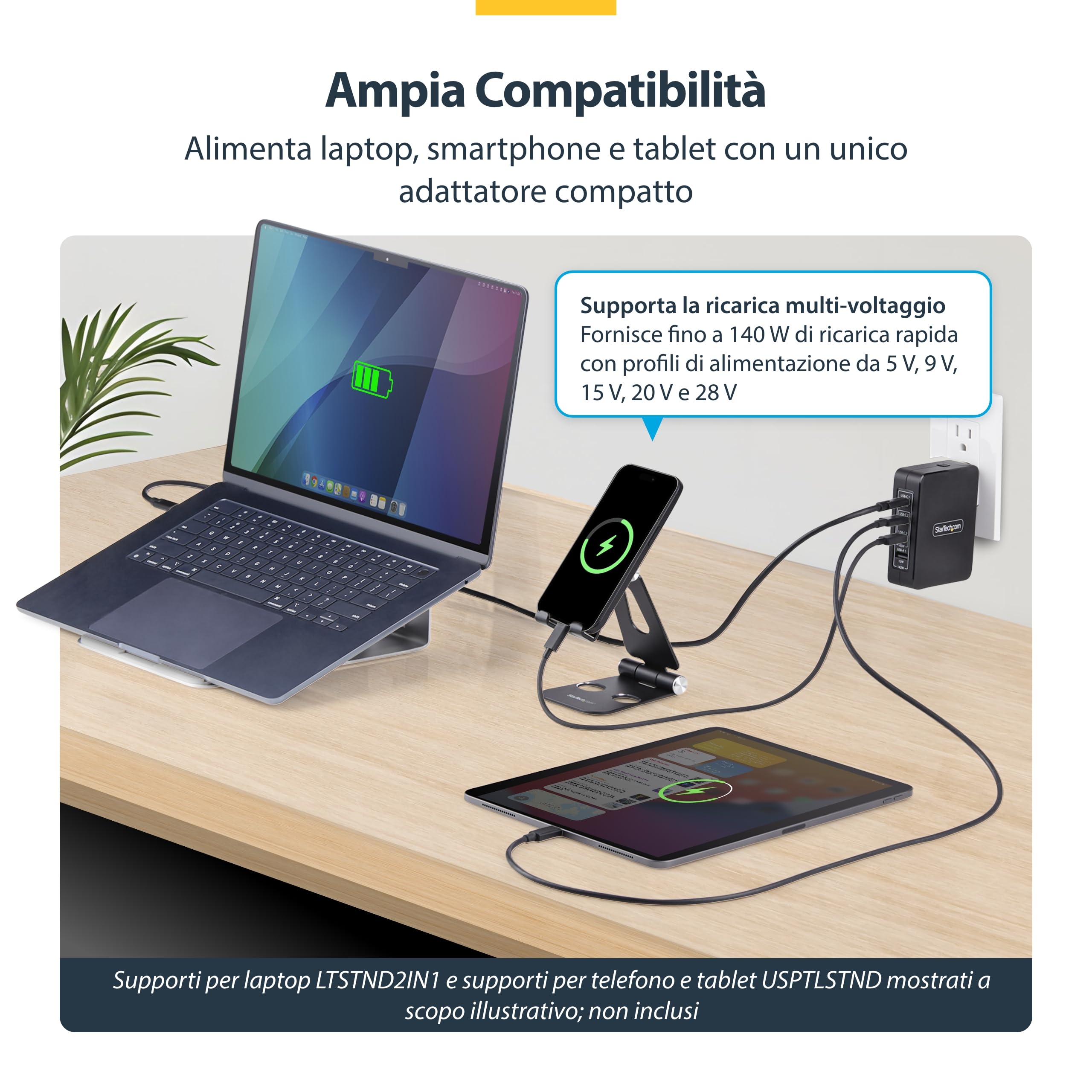 StarTech Caricatore USB-C da Parete 140W GaN, 3x USB-C e 1x USB-A, PD 3.1 | Supporta Inspiron, Alimentatore da Viaggio Compatto