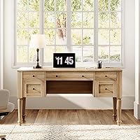 Vista 3 de Escritorio ejecutivo de estilo granja WAMPAT con 5 cajones, escritorio de oficina para el hogar con estación de carga, escritorio de madera