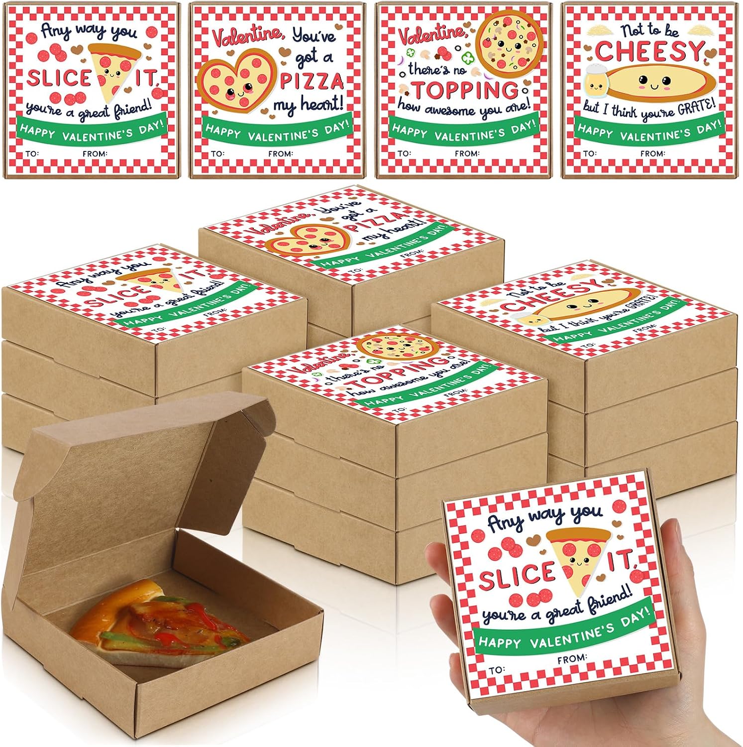 Nuogo 60 Pcs Valentine's Day Small Pizza Box 3.94 x 3.94 x 1.18 Inch Mini Pizza Box with Sticker Cookie Boxes Takeout Boxes for Valentine's Day Celebrations Picnic Birthdays Party Favors