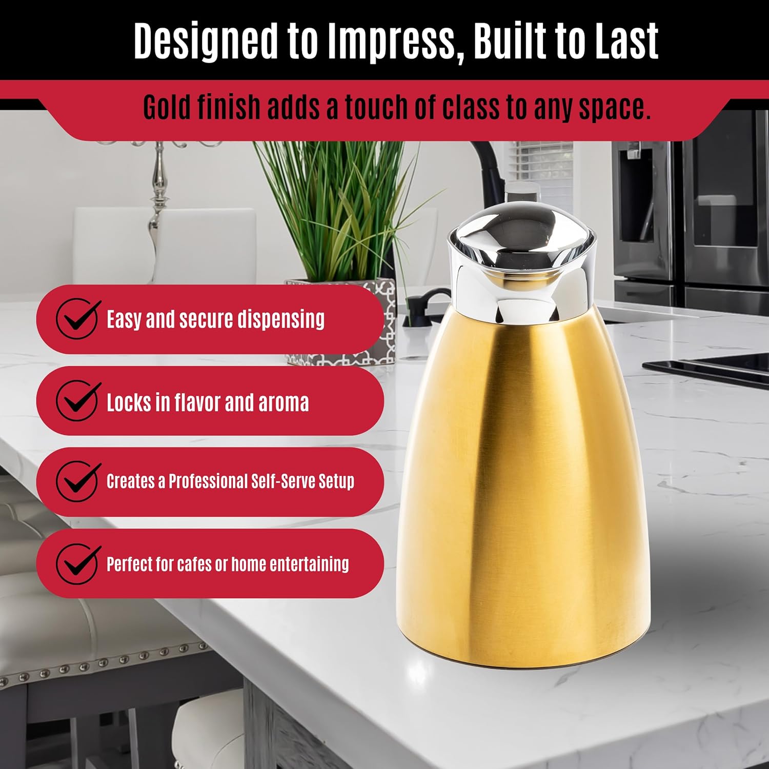 TableCraft 12678 50 oz (1.5 L) Stainless Steel Coffee Carafe, Brushed Stainless Steel with Gold PVD Finish, Vacuum Insulated, Lightweight Leak Proof Coffee Dispenser, For Cafes & Restaurants
