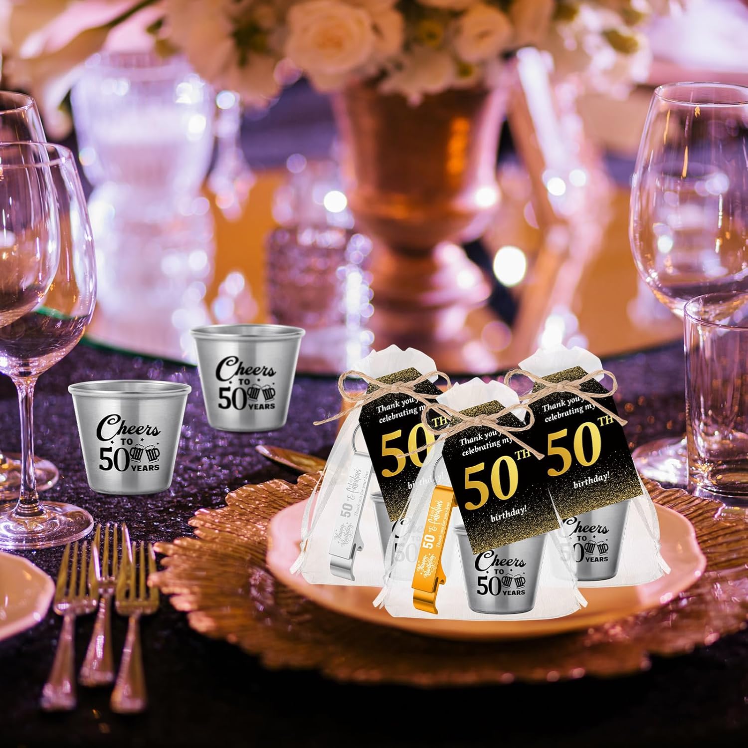 Domensi 30 Sets 50th Birthday Party Favors for Guests Bulk Include Cheers to 50 Years Short Cups Beer Bottle Opener Keychains Thank You Cards with Gift Bags and Ropes for Birthday Party Gifts